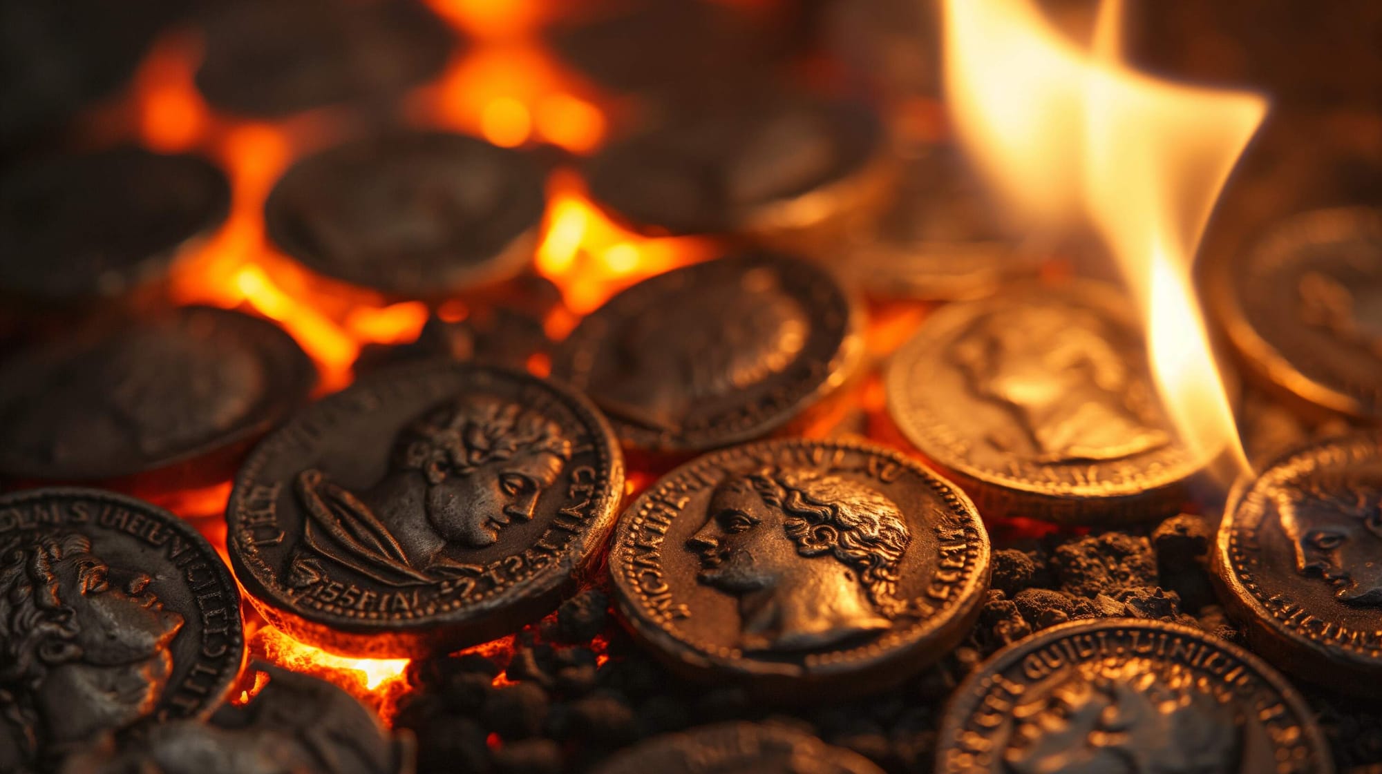 Roman bronze coins with the face of Caligula being melted