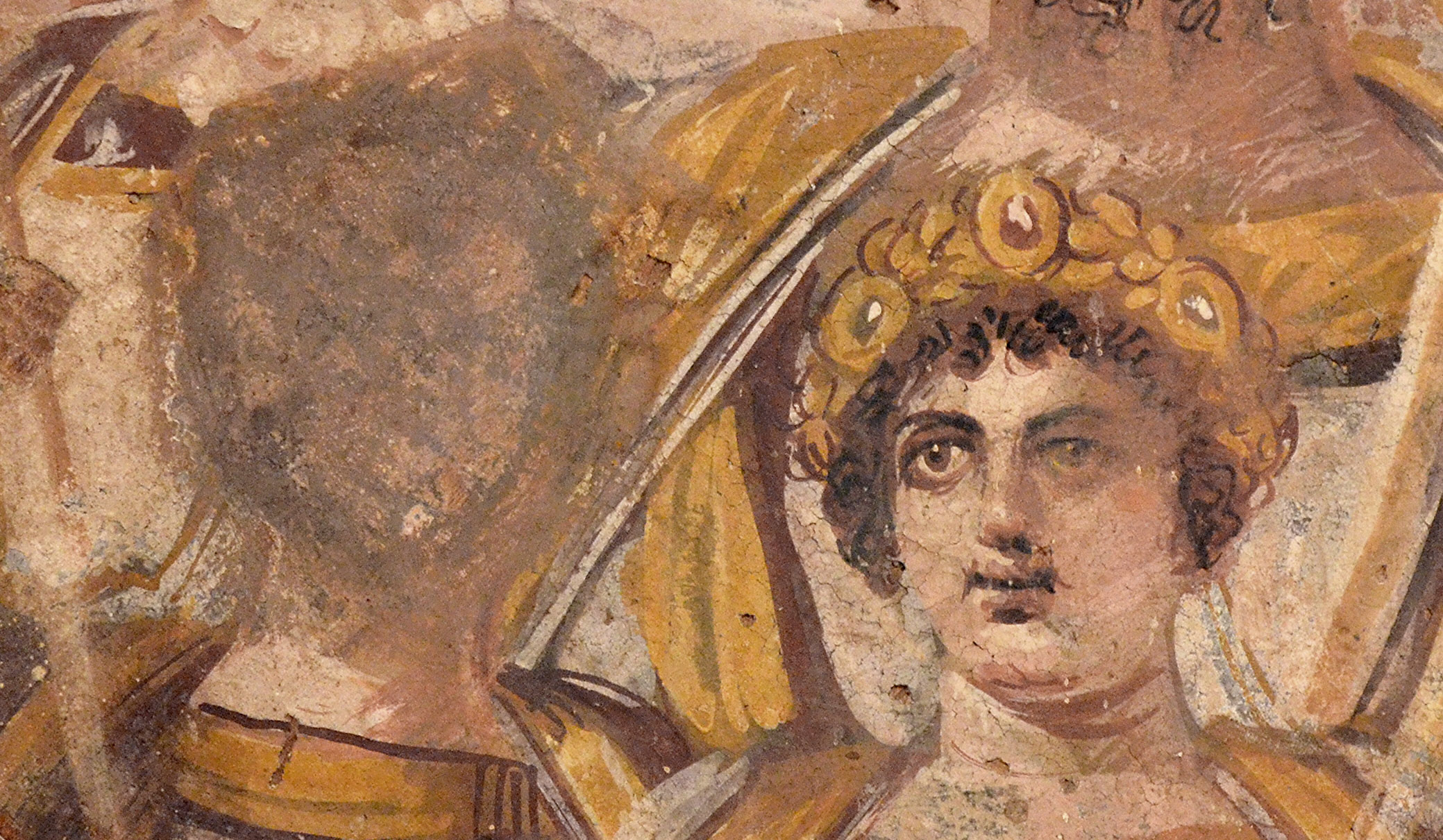 Detail of Geta (face removed) and Caracalla from the Severan Tondo, c. 200 C.E., tempera on wood, 30.5 cm diameter