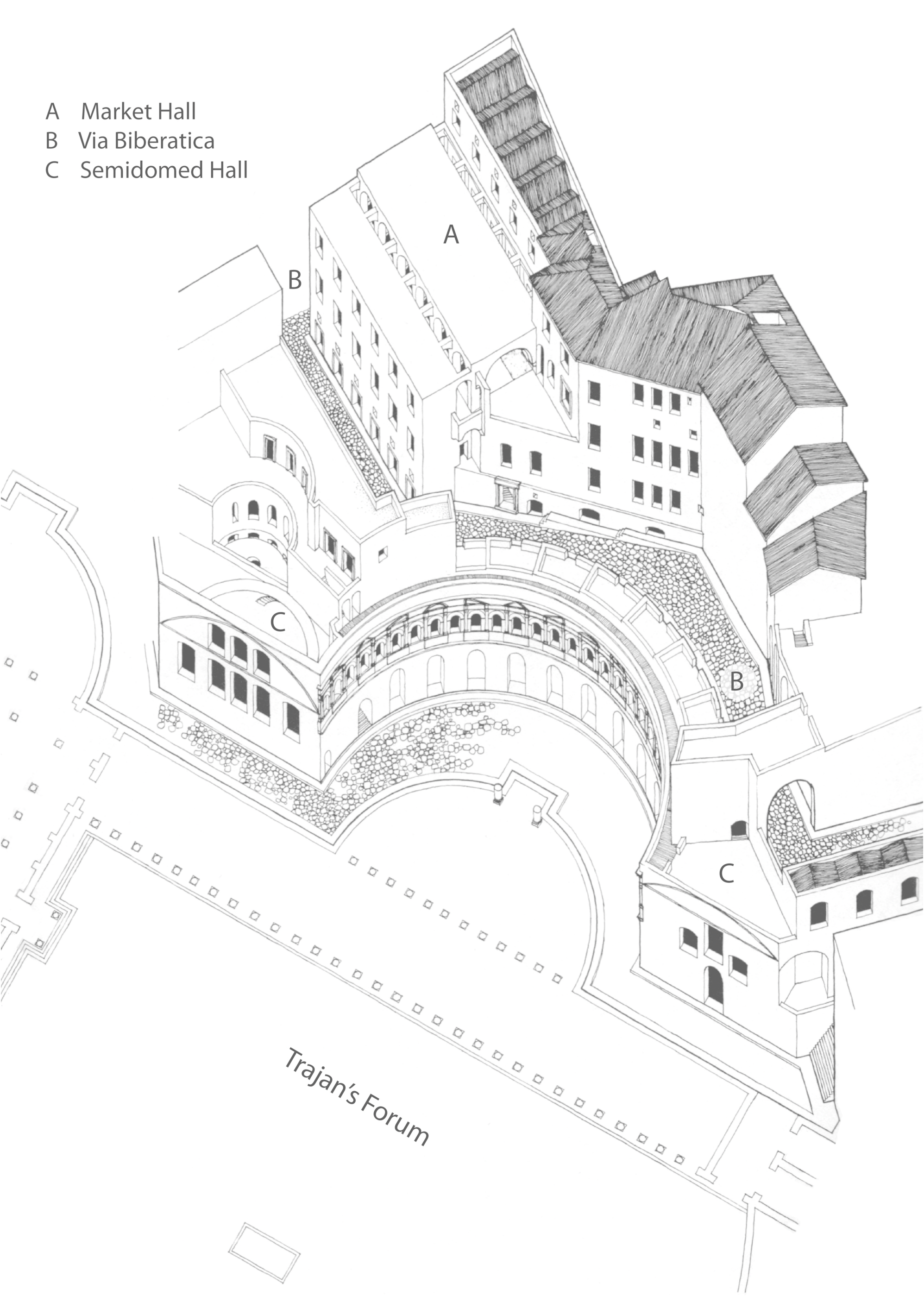 Trajan's Markets designed by Apollodorus of Damascus. Axonometric view of the architectural complex.