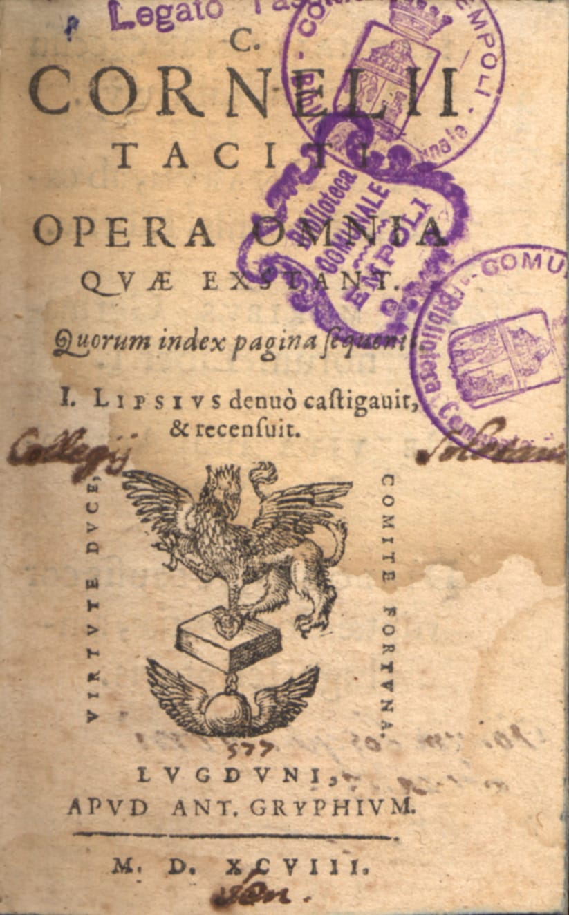 The title page of Justus Lipsius's 1598 edition of the complete works of Tacitus, bearing the stamps of the Bibliotheca Comunale in Empoli, Italy