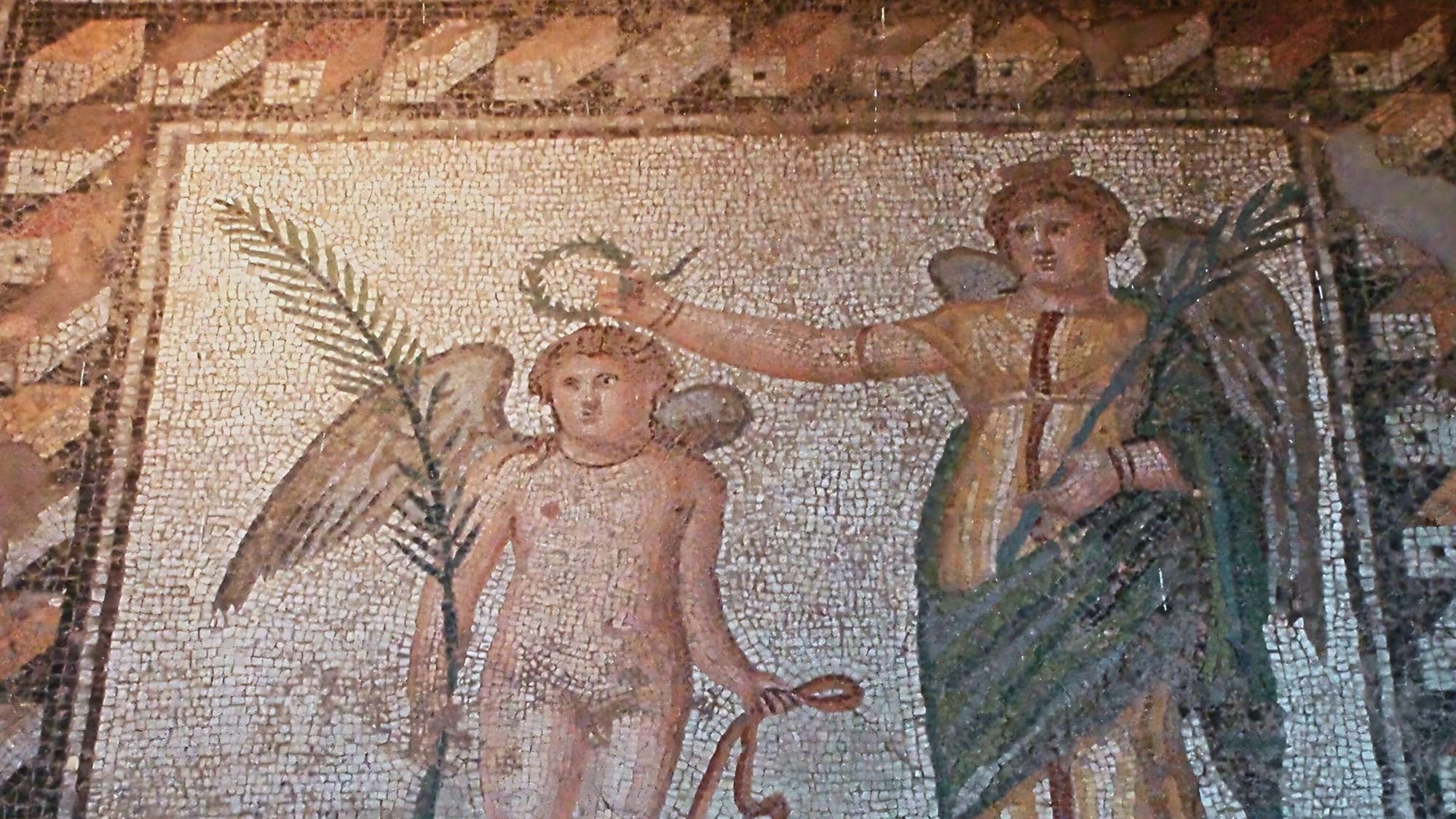 Fragment of a mosaic floor Depicting Nike crowing Eros-Agon. From Kalo Nero, Larisa (bath complex). 5th c. CE. Larisa, Archaeological Museum