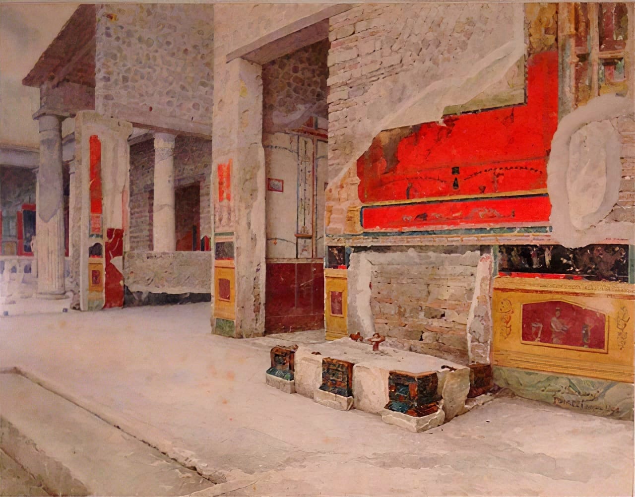 Illustration by Luigi Bazzani (1895) of the atrium of the House of the Vettii, thought to have been owned by freedmen