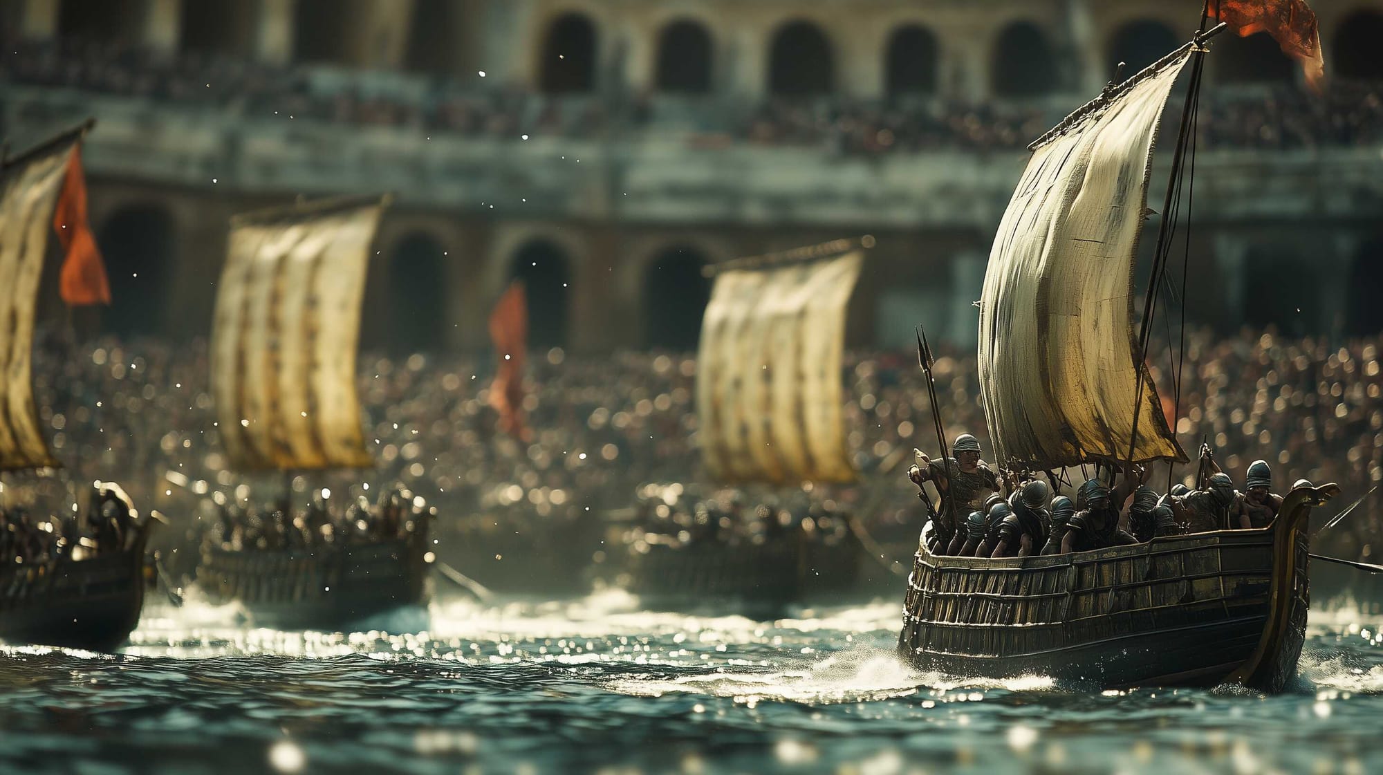 A dramatic representation of a naumachia, using mockup ships, inside the Colosseum.