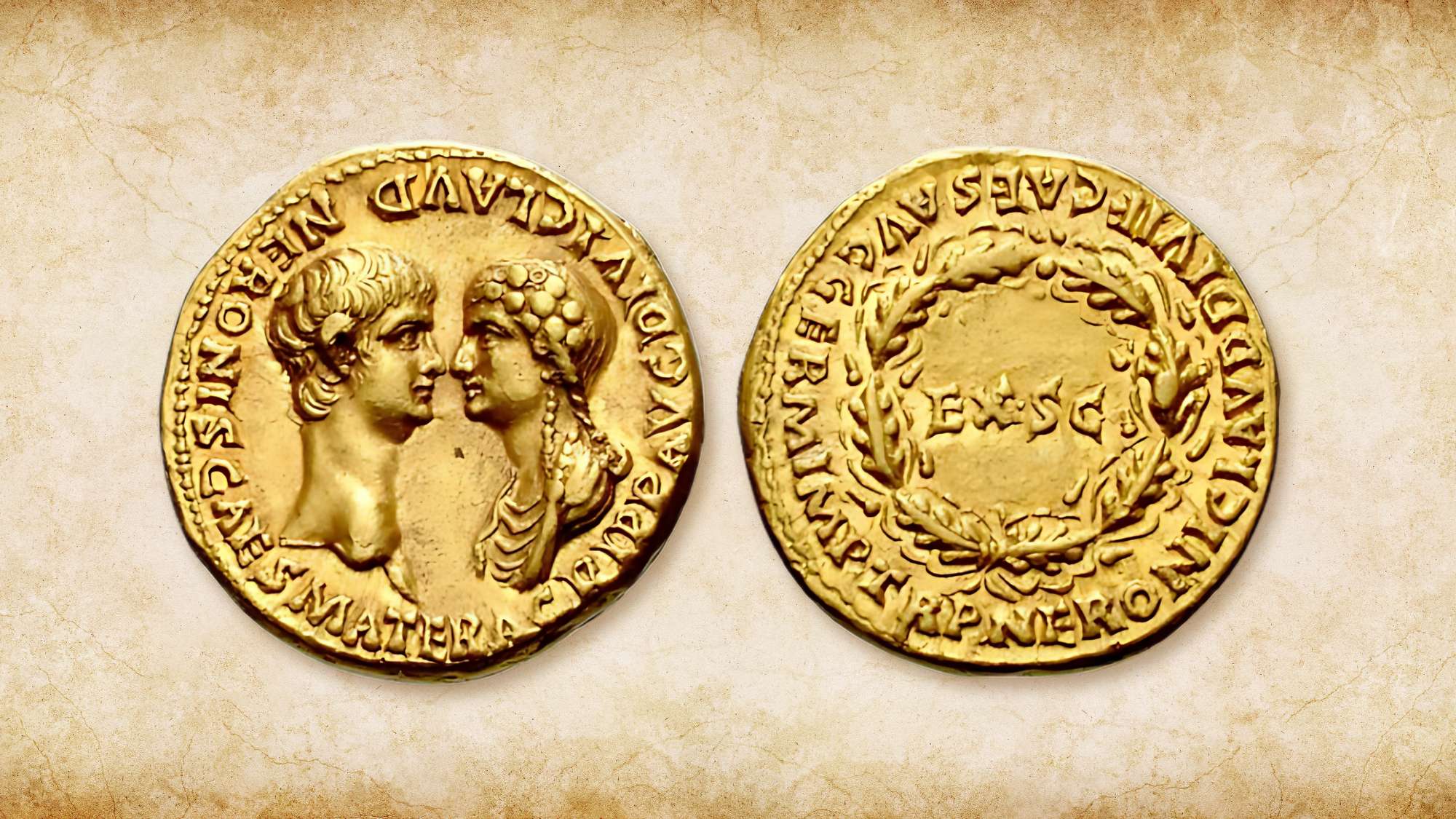 Nero and Agrippina the Younger immortalised in a gold Roman aureus coin.