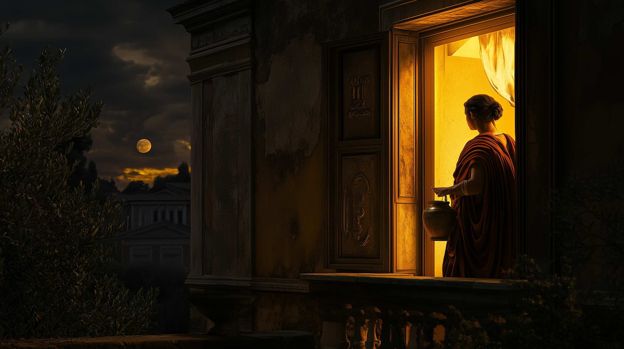 A possible representation of a Roman woman ready to empty the contents of a chamber pot from the window of an insula at night.
