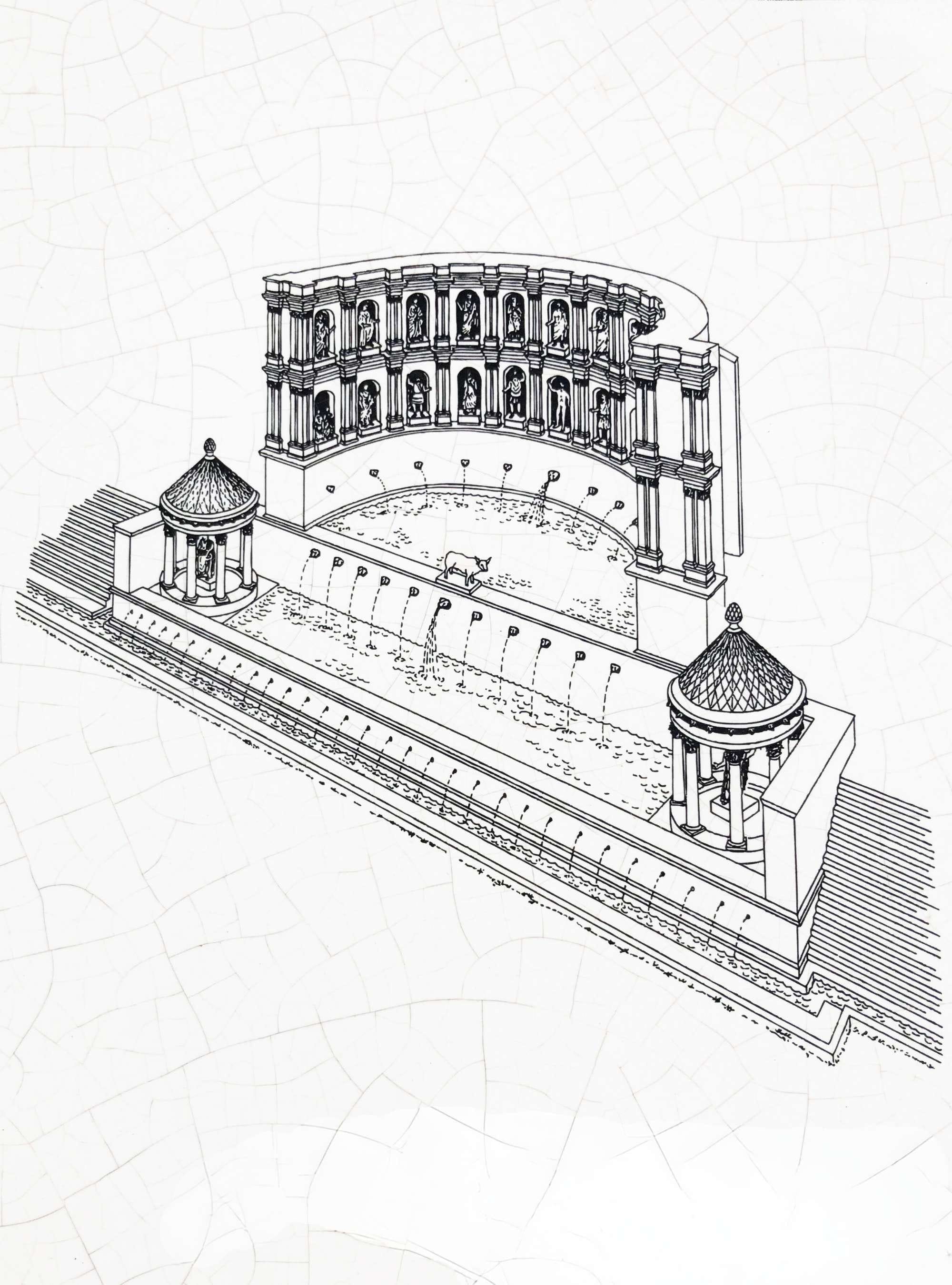 A three-dimensional reconstruction of the Nymphaeum of Herodes Atticus at Olympia.