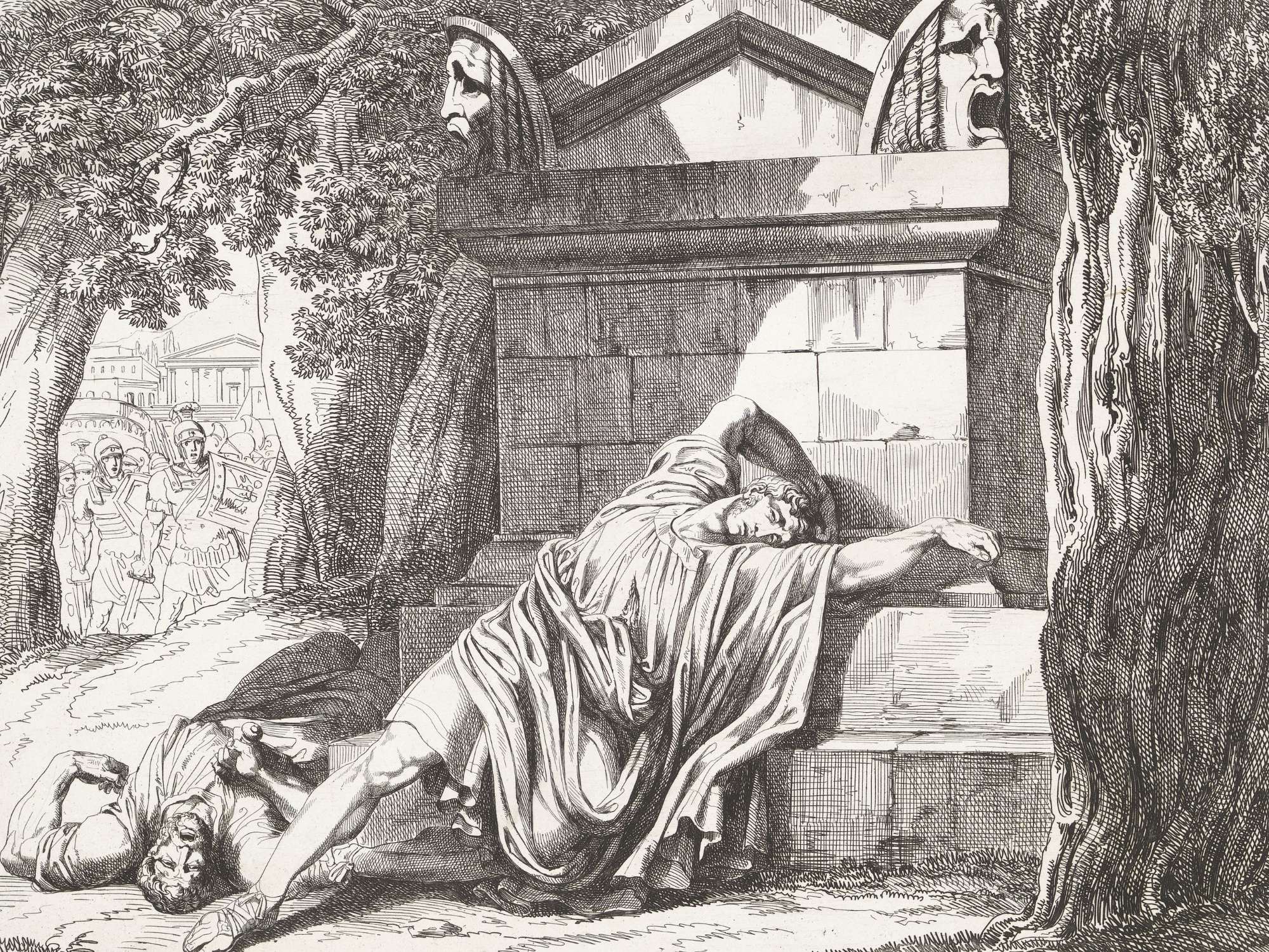 Caius Gracchus, abandoned by the plebs, retreats to a forest consecrated to the fury, and in order not to fall alive into the hands of his enemies, he is killed by his faithful servant Philocrates, who also kills himself, gravure by Bartolomeo Pinelli