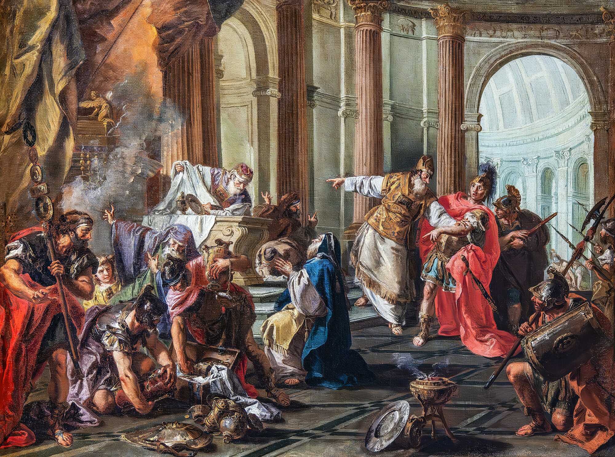 Marcus Licinius Crassus, the richest man in the history of Rome, while looting the&nbsp;temple of Jerusalem, a painting by Giambattista Pittoni