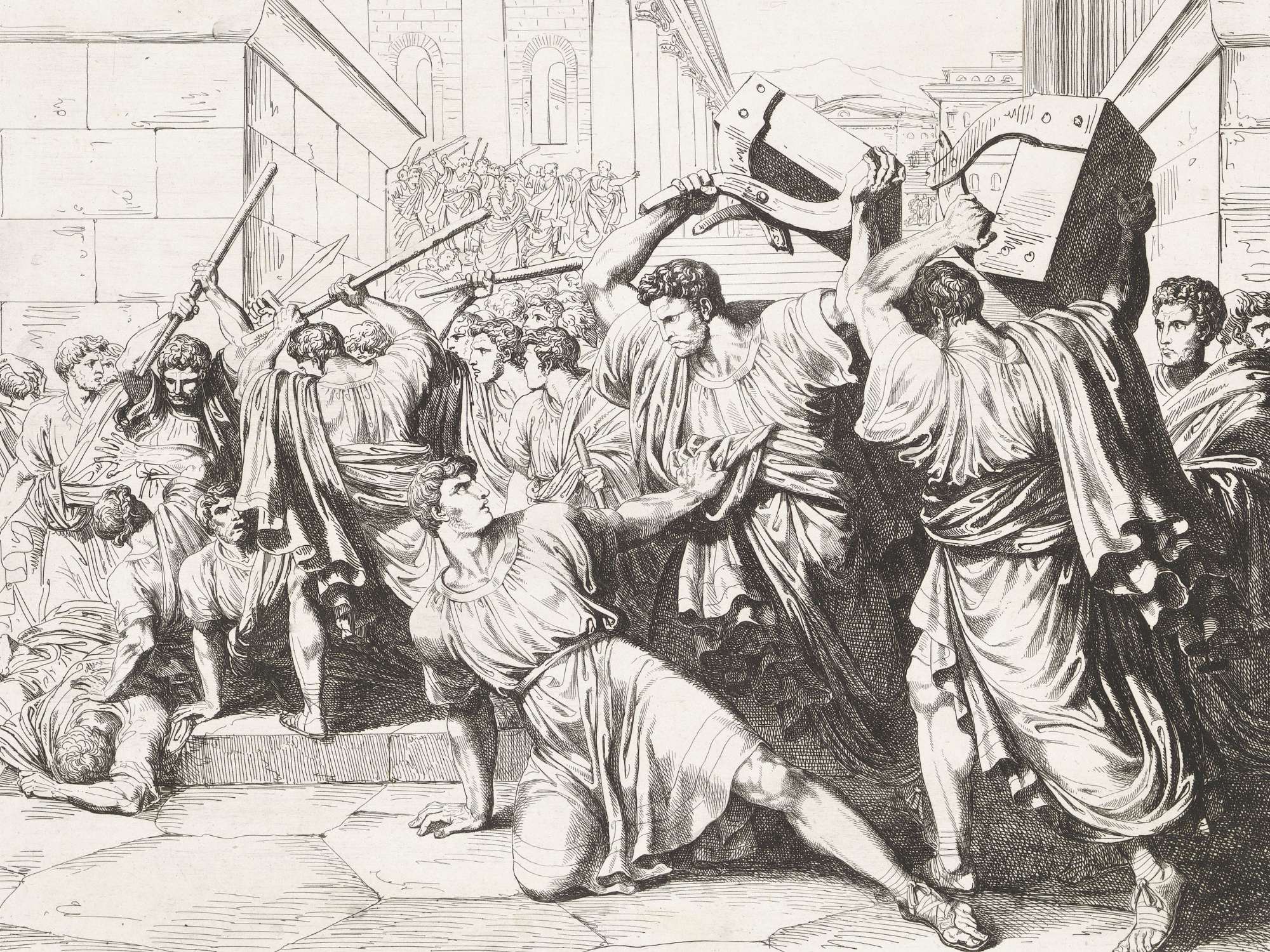 Tiberius Gracchus was surrounded by supporters on the Capitol, but Senate spies misinterpreted his actions, leading to a violent mob attack. Over 200, including Tiberius, were killed and discarded in the Tiber, gravure by Bartolomeo Pinelli