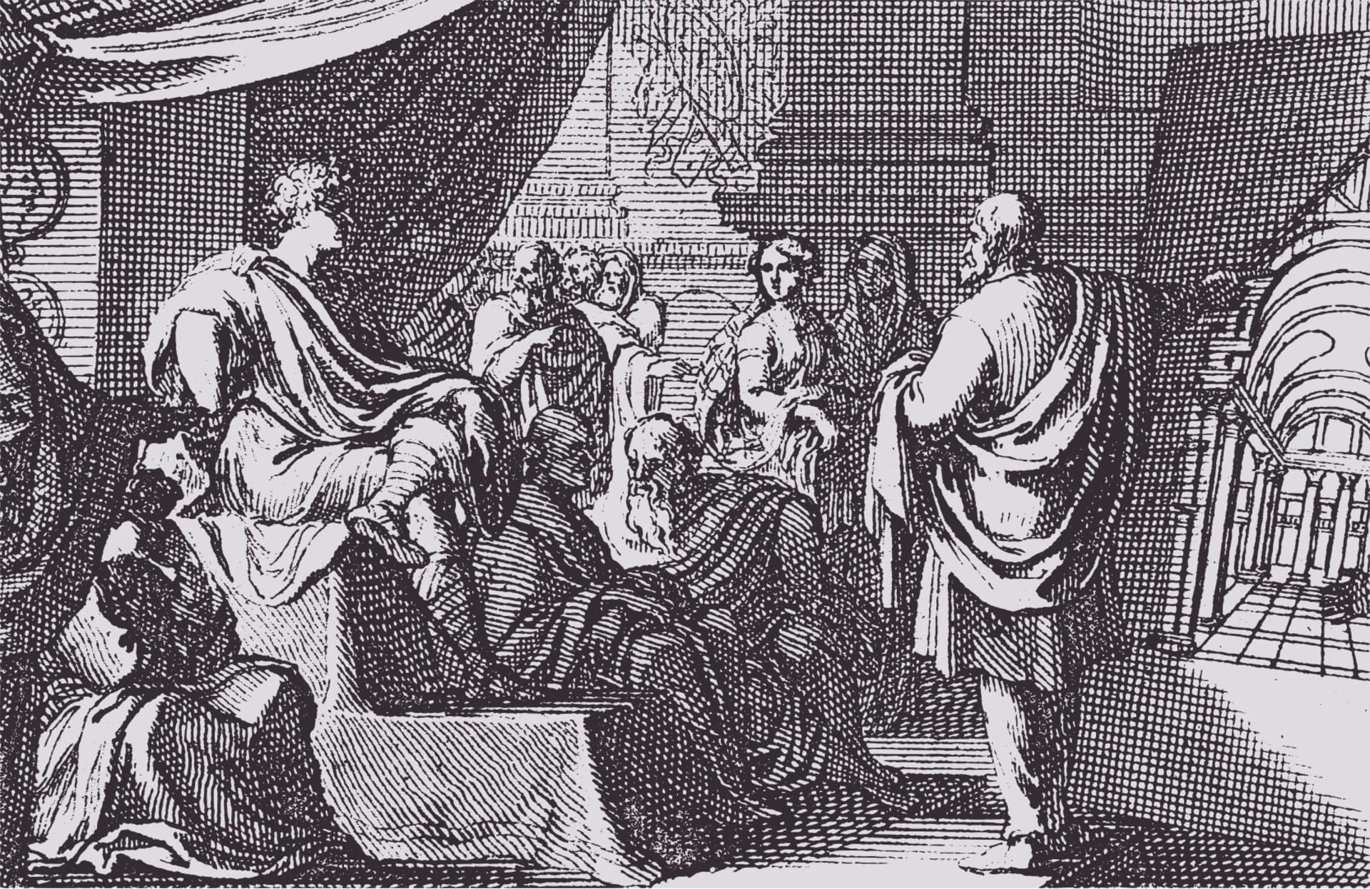 A depiction of Vitruvius presenting De Architectura to Augustus.