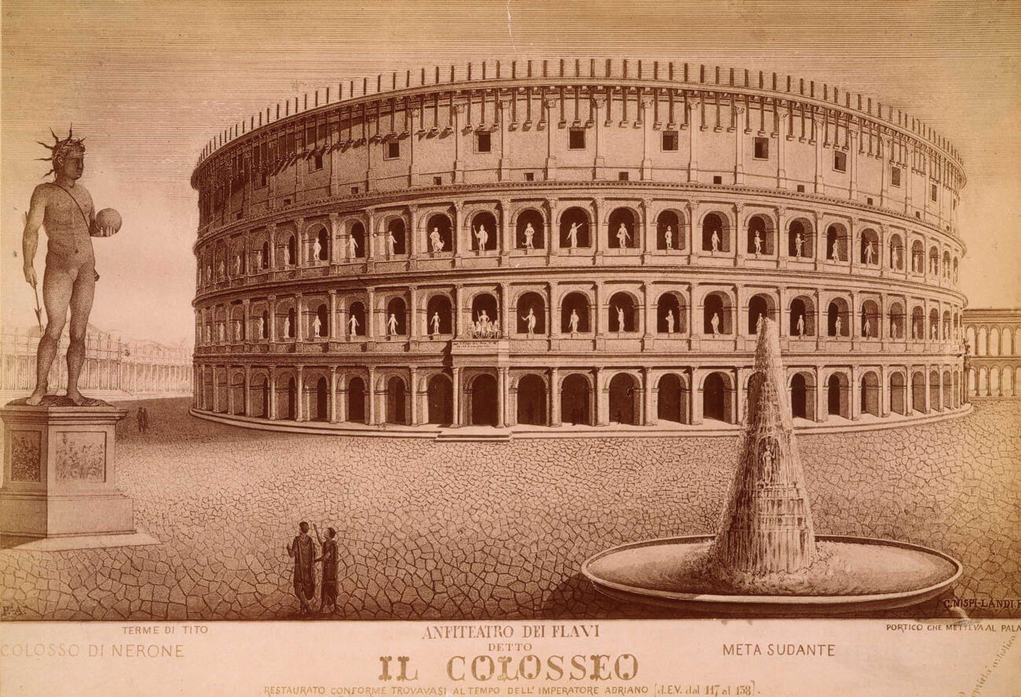 How did the Roman Colosseum look like, a reconstruction of the Flavian Amphitheatre with Nero’s Colossus, an engraving from the Granger Collection
