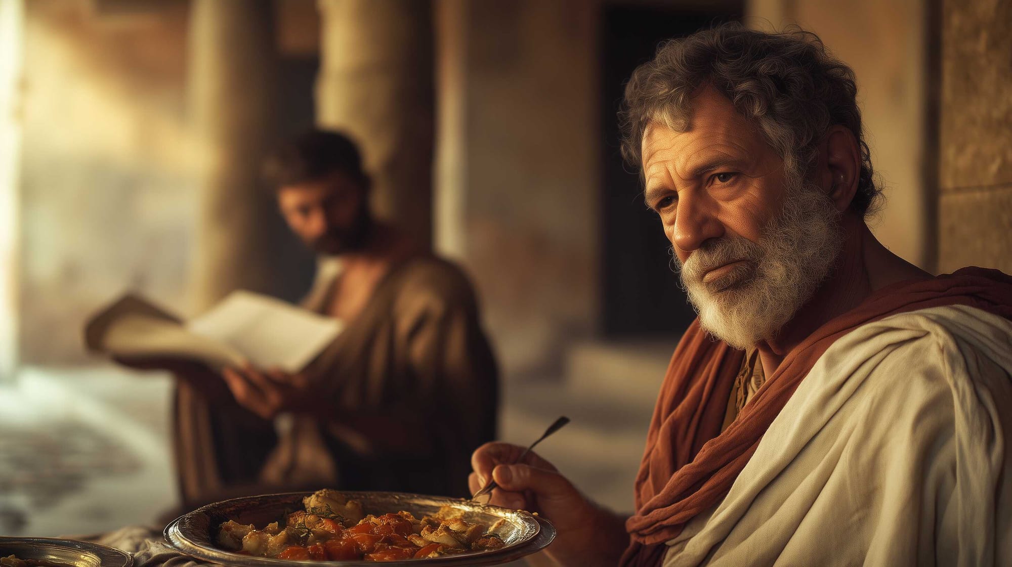  A possible representation of Pliny the Elder, listening to his amanuensis reading aloud to him as he eats