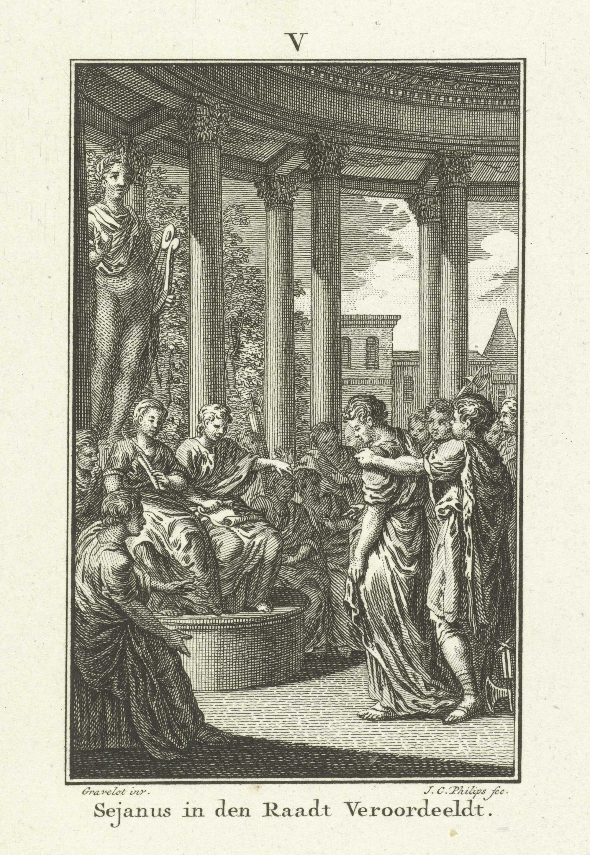 A gravure by Hubert François Gravelot, showcasing Seianus convicted and sentenced to death by the Council
