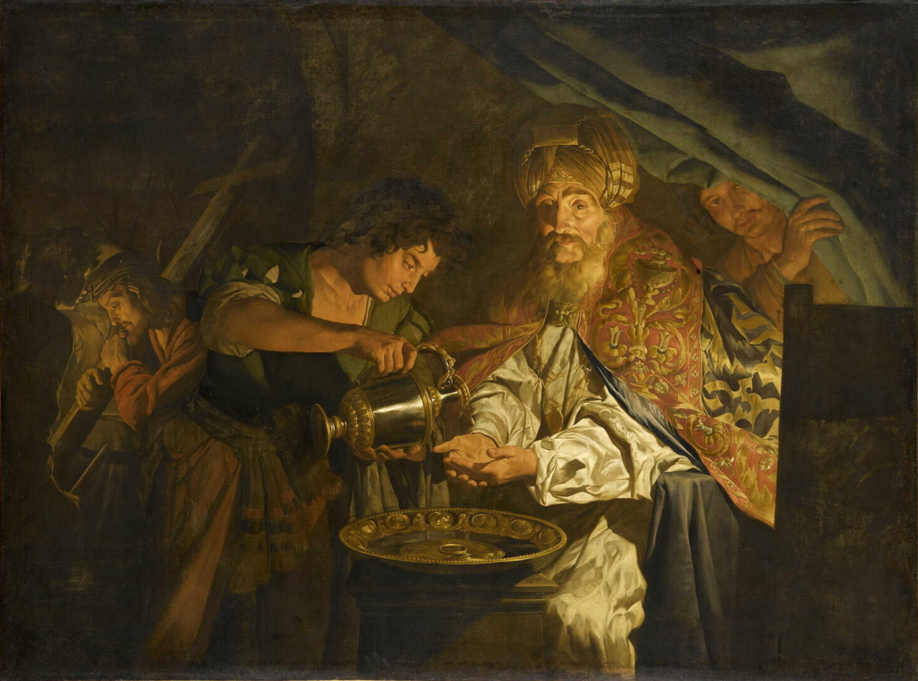 A painting by Matthias Stom, depicting Pontius Pilate washing his hands in innocence