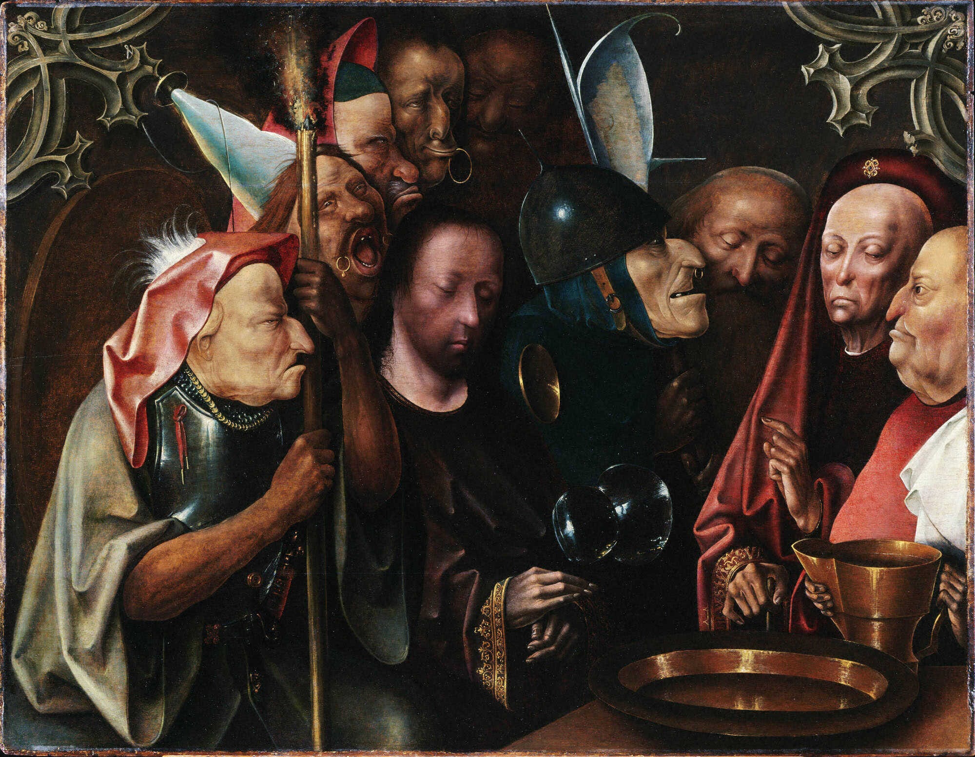A painting by a Hieronymus Bosch follower, where Christ stands calm and radiant amid a grotesque, chaotic mob before Pilate, who prepares to condemn him, the distorted faces and close-up format reflect Flemish devotional art, emphasizing the contrast between divine beauty and human fallenness
