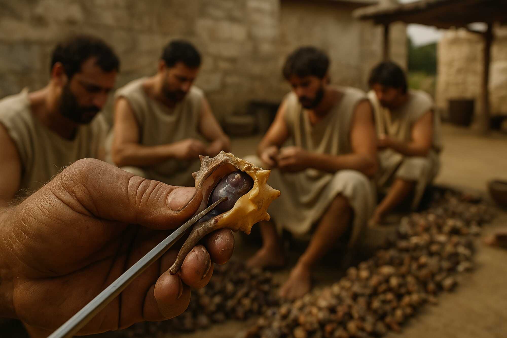 A possible representation of a Roman worker harvesting the gland from the murex shells, to begin the creation of Tyrian purple