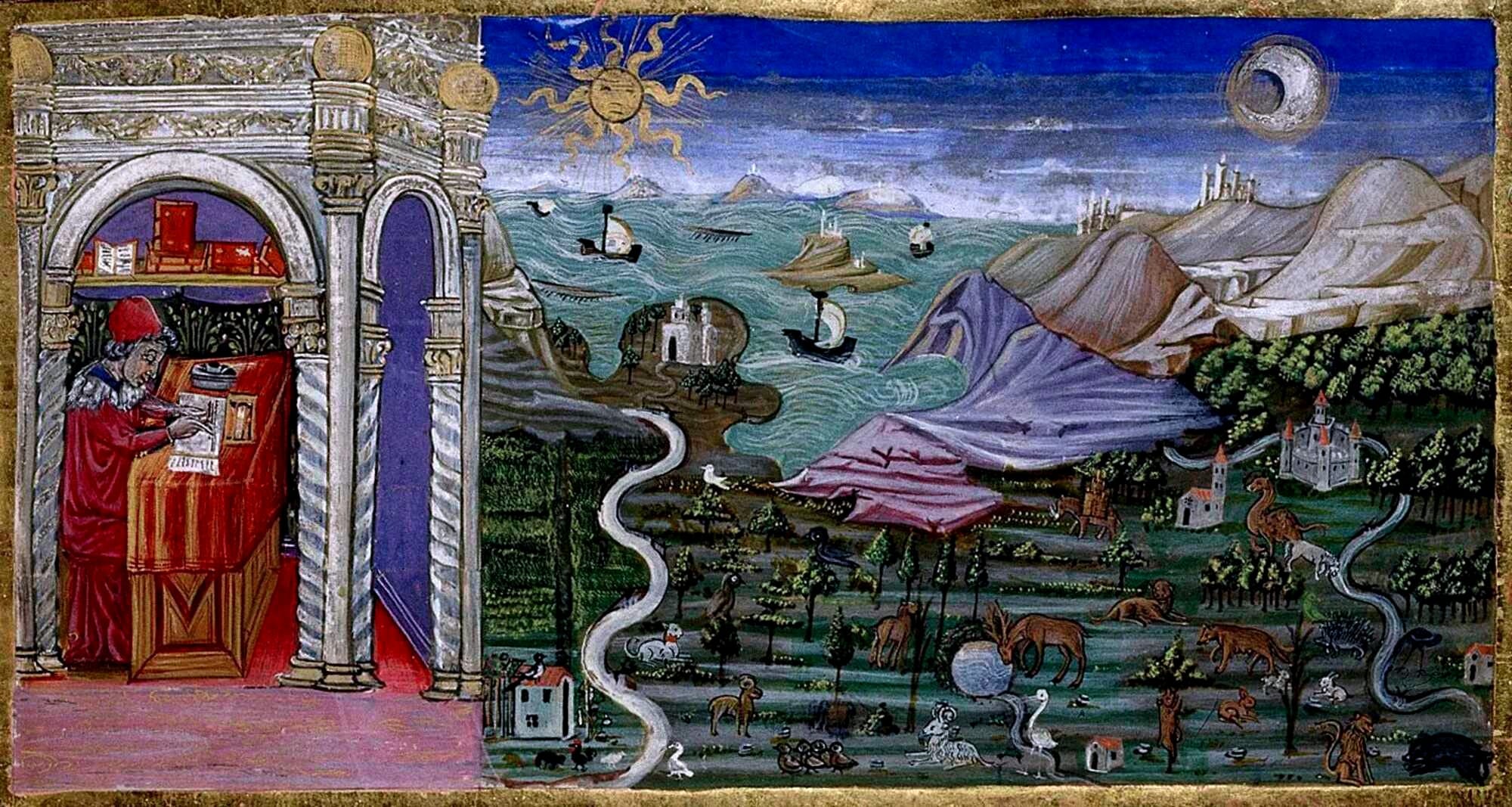 Miniature by Andrea da Firenze from an edition of&nbsp;Natural History&nbsp;by Pliny the Elder,&nbsp;c.&nbsp;1457–58, showing Pliny writing in his study, with landscape and animals.