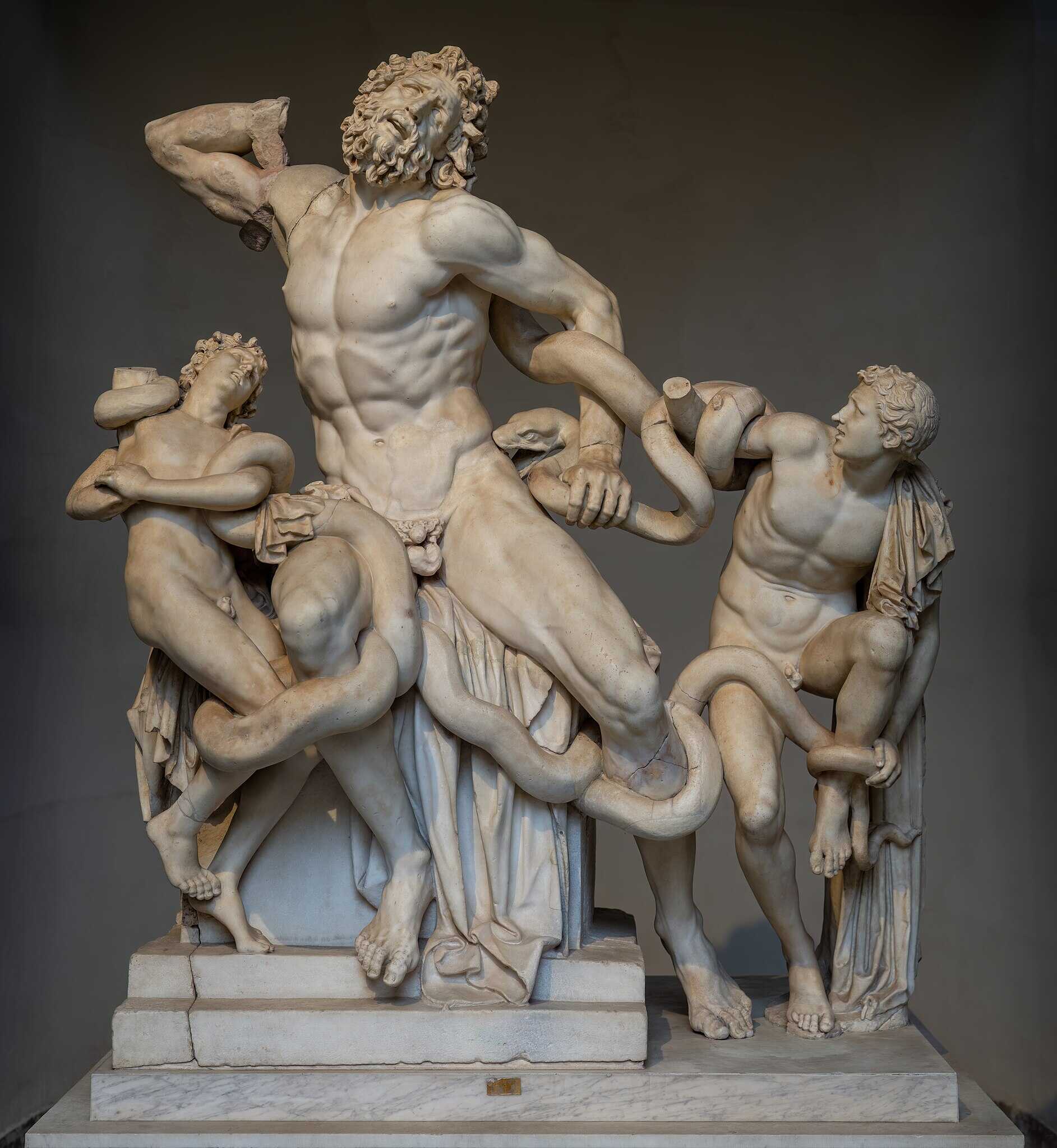 The famous sculpture Laocoön and His Sons, by Greek sculptors, discovered in Ancient Rome and greatly praised by Pliny the Elder