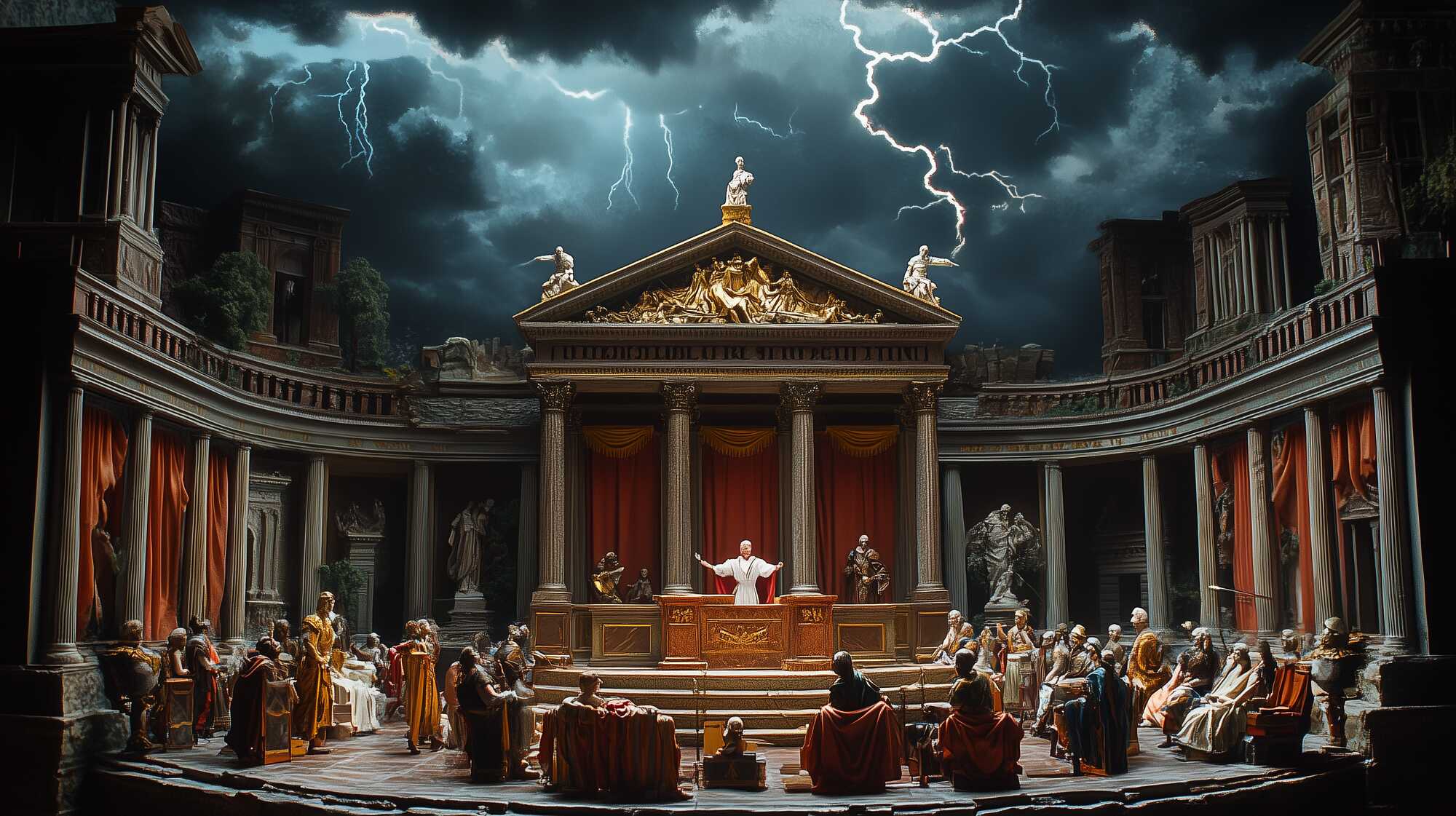 A fantasy diorama of the moment Cato the Younger claims he heard thunder inside the Roman senate