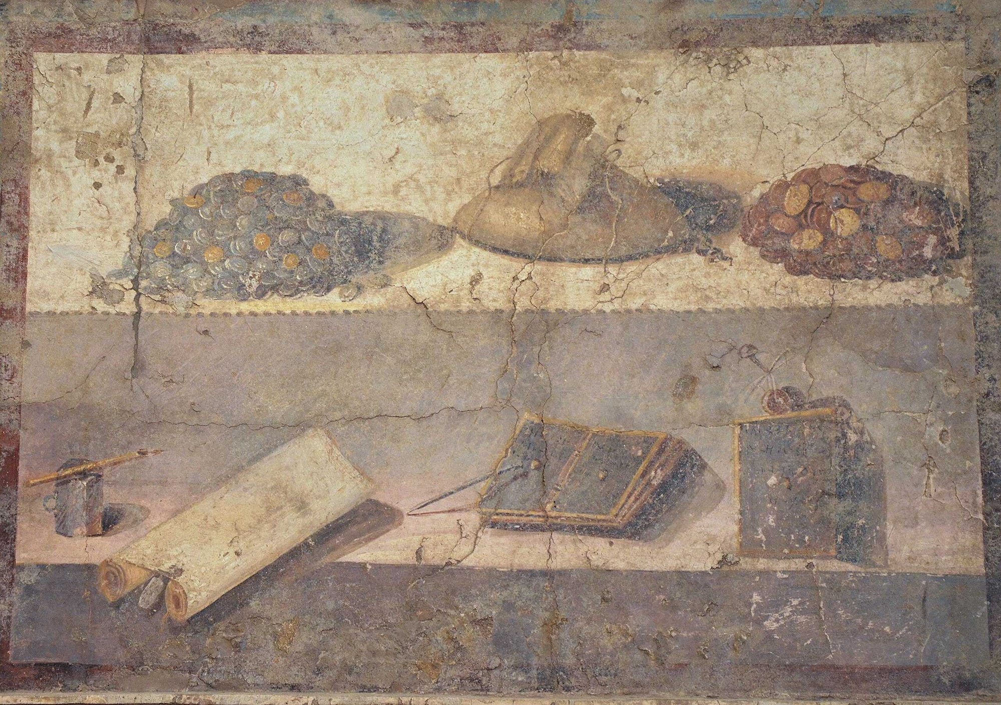 A fresco showing a money pouch between gold heaps and writing utensils (below), from the Praedia of Julia Felix in Pompeii, Naples National Archaeological Museum
