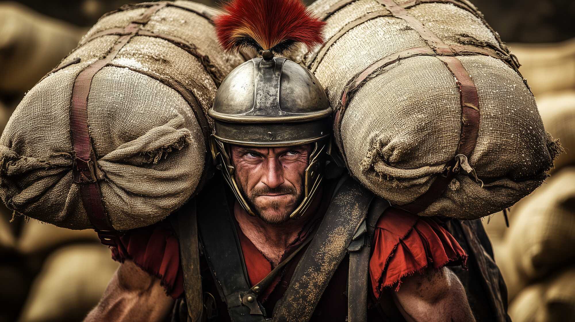 A possible representation of a Roman soldier struggling to carry two large sacks of salt, a logistical nightmare that probably never existed