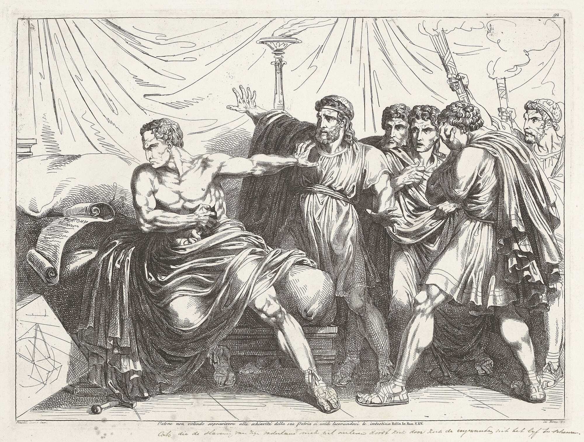An etching from Bartolomeo Pinelli, showcasing the death of Cato the Younger