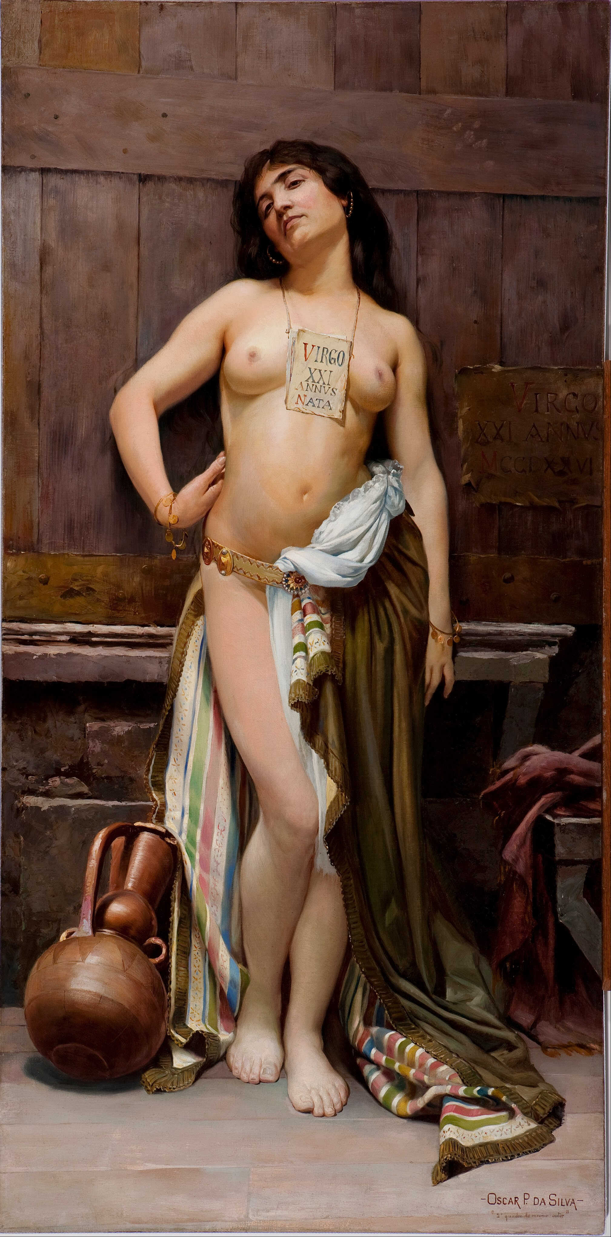 Oscar Pereira da Silva’s painting of a Roman Slave, the inscription on her neck stating she is a 21-year old virgin