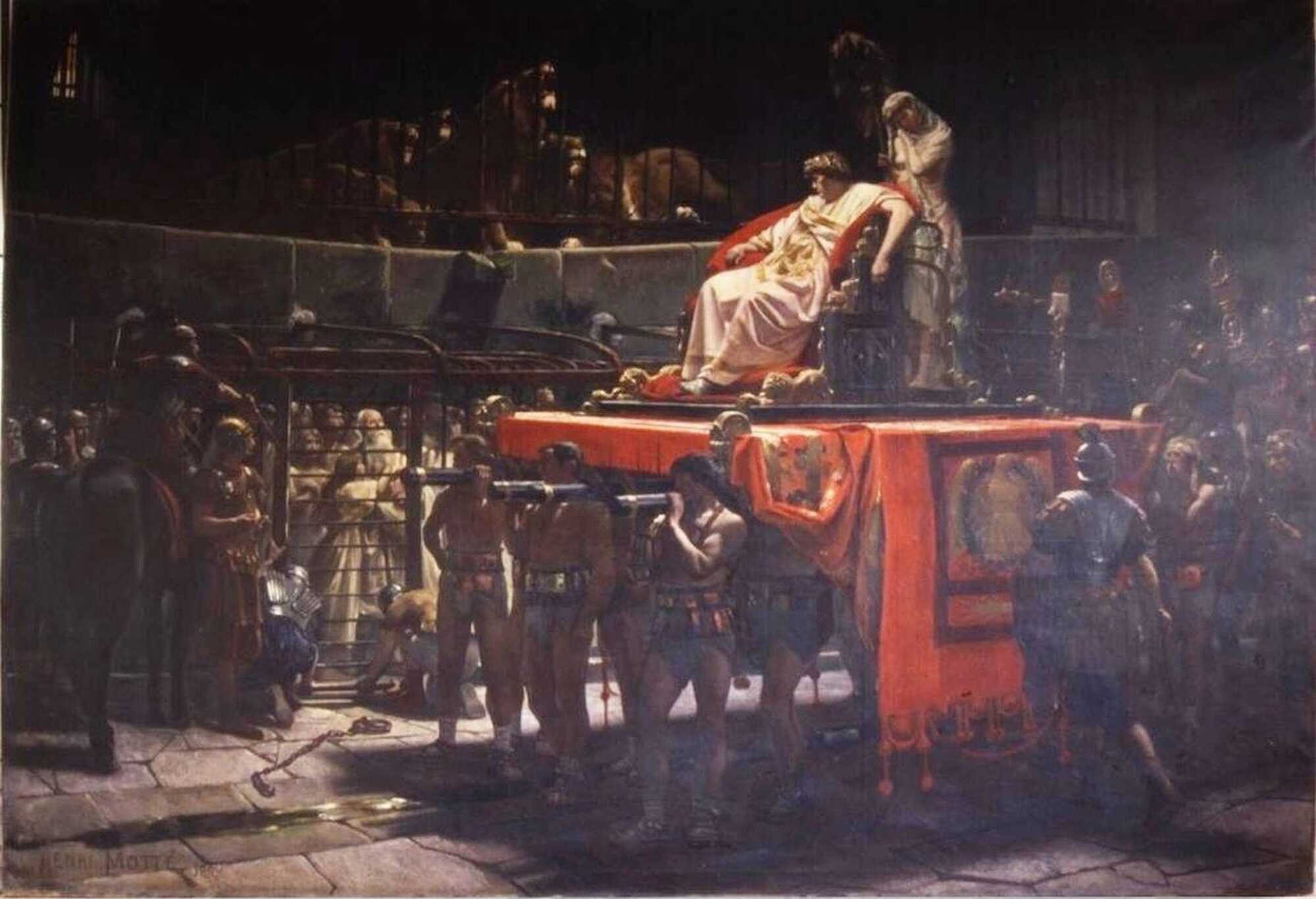 The emperor is bored, painting by Henri-Paul Motte, depicting Nero as he is passing by exotic animals and prisoners, ready to be thrown in the arena for his sake
