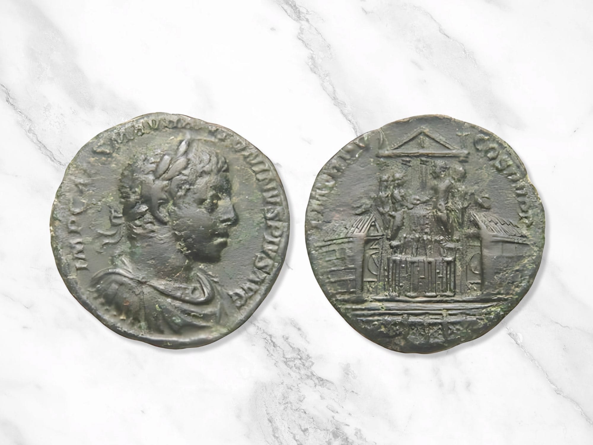 A Roman antoninianus coin, depicting Emperor Elagabalus in front of a temple sacrificing at altar, with another figure behind him and on the other side of the altar another two figures