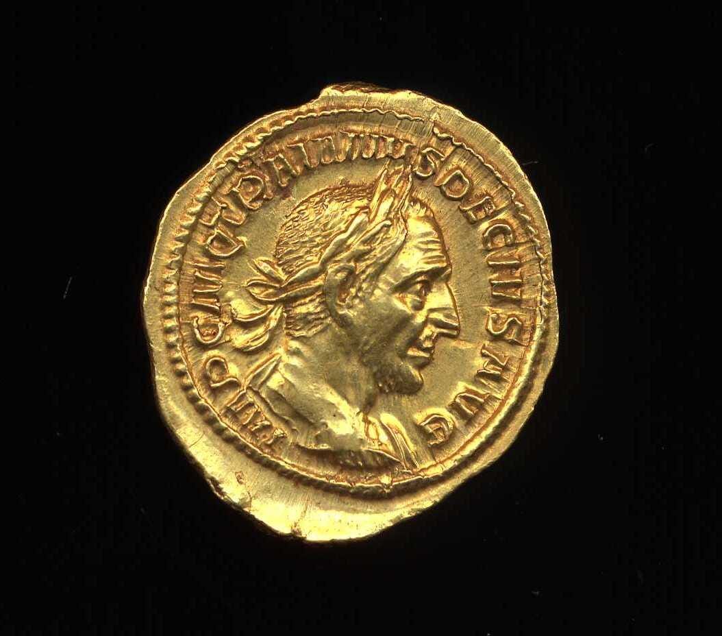 A gold Roman Aureus coin, featuring Emperor Trajan Decius