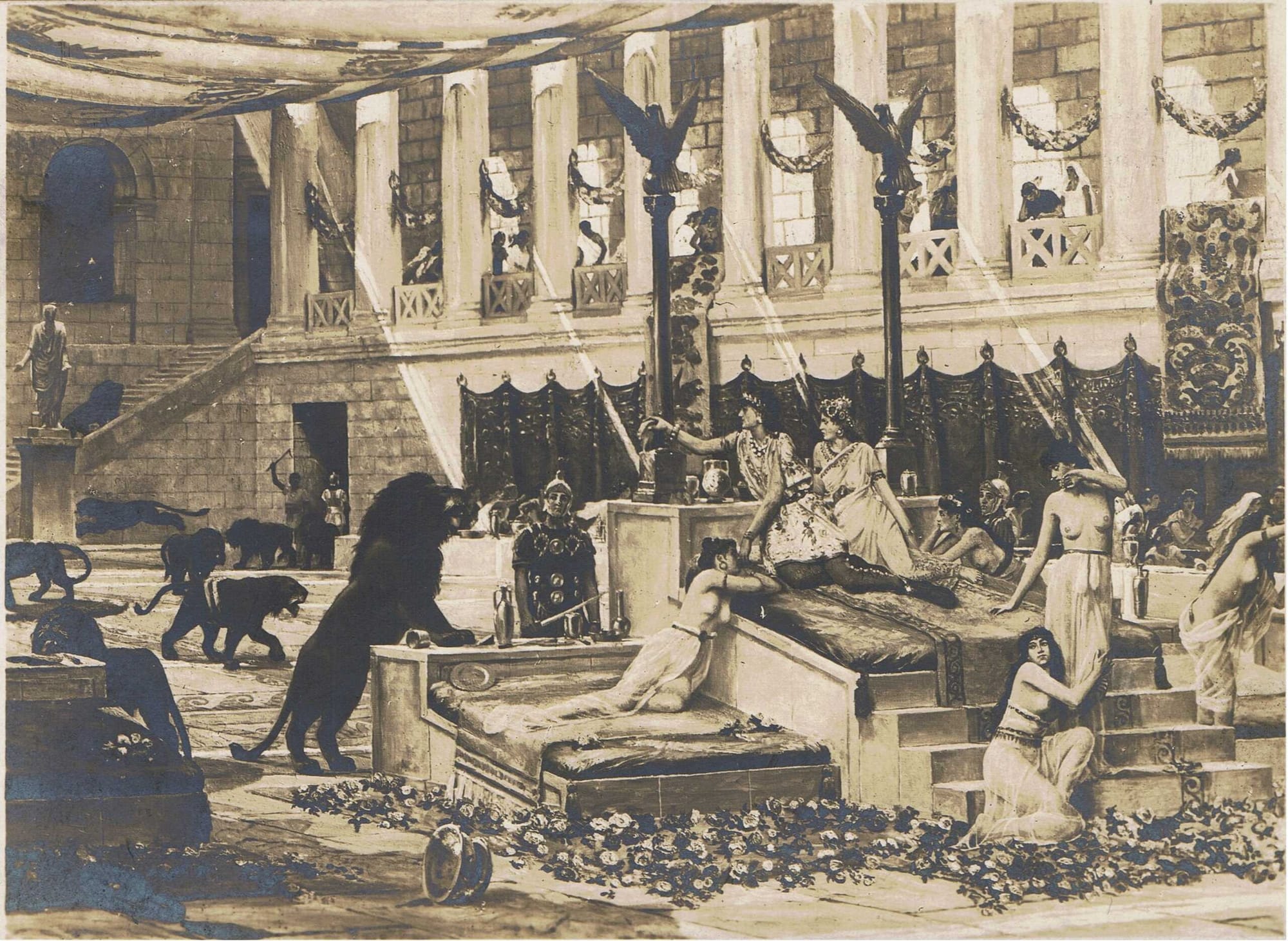 A gravure by Henri-Paul Motte, depicting Elagabalus' Feast, at which he frightened his guests with tame lions, according to the Historia Augusta