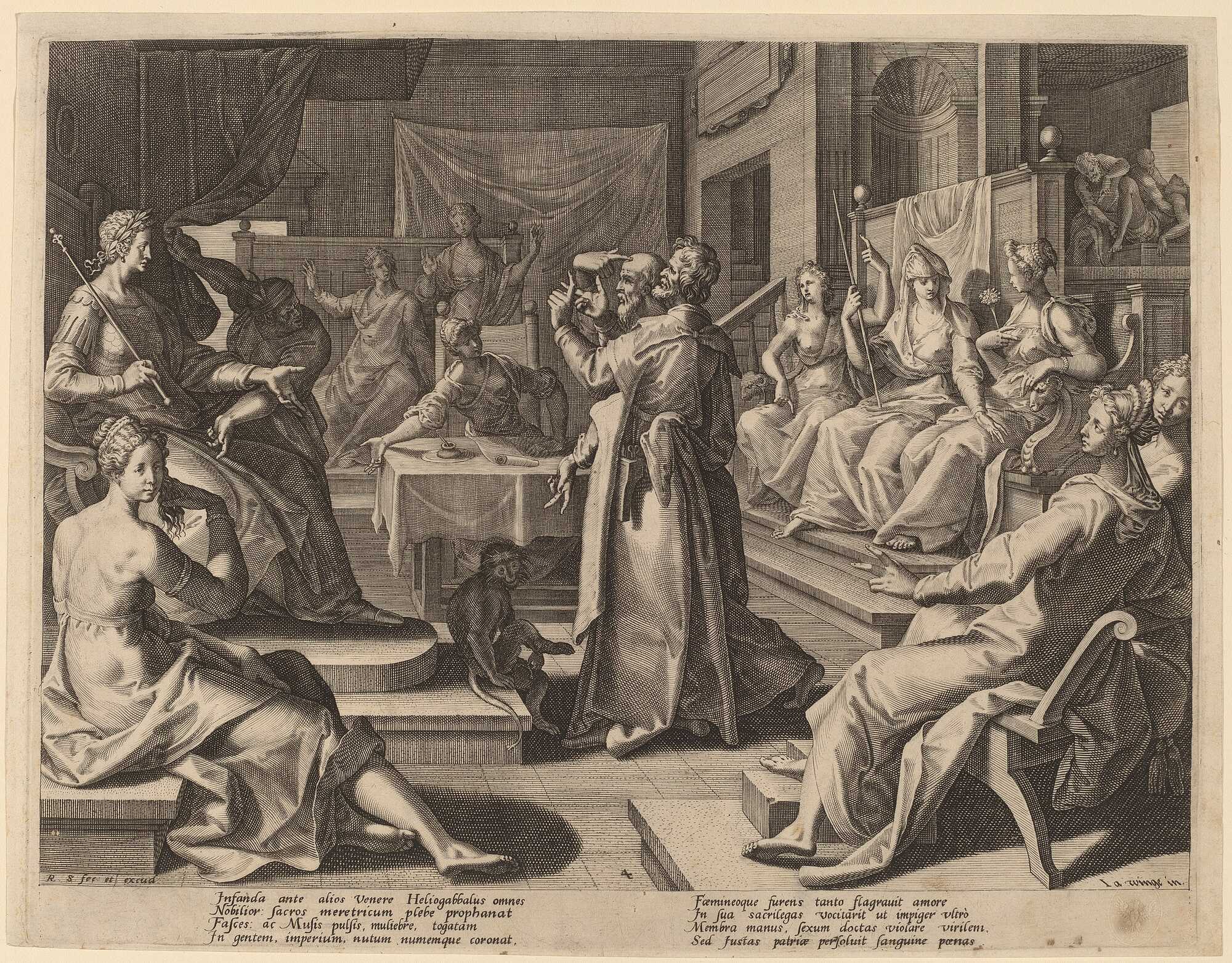 A gravure from Raphael Sadeler I, depicting the council of Heliogabalus and the Wise Women, another controversial move during his reign