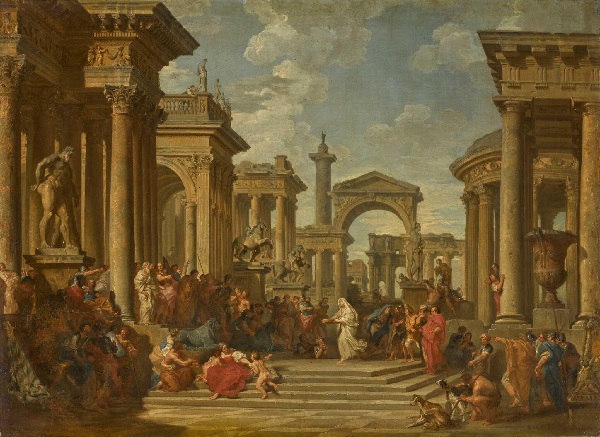 A painting by Giovanni Paolo Panini, depicting a capriccio of the Roman forum with Tuccia, the Vestal Virgin
