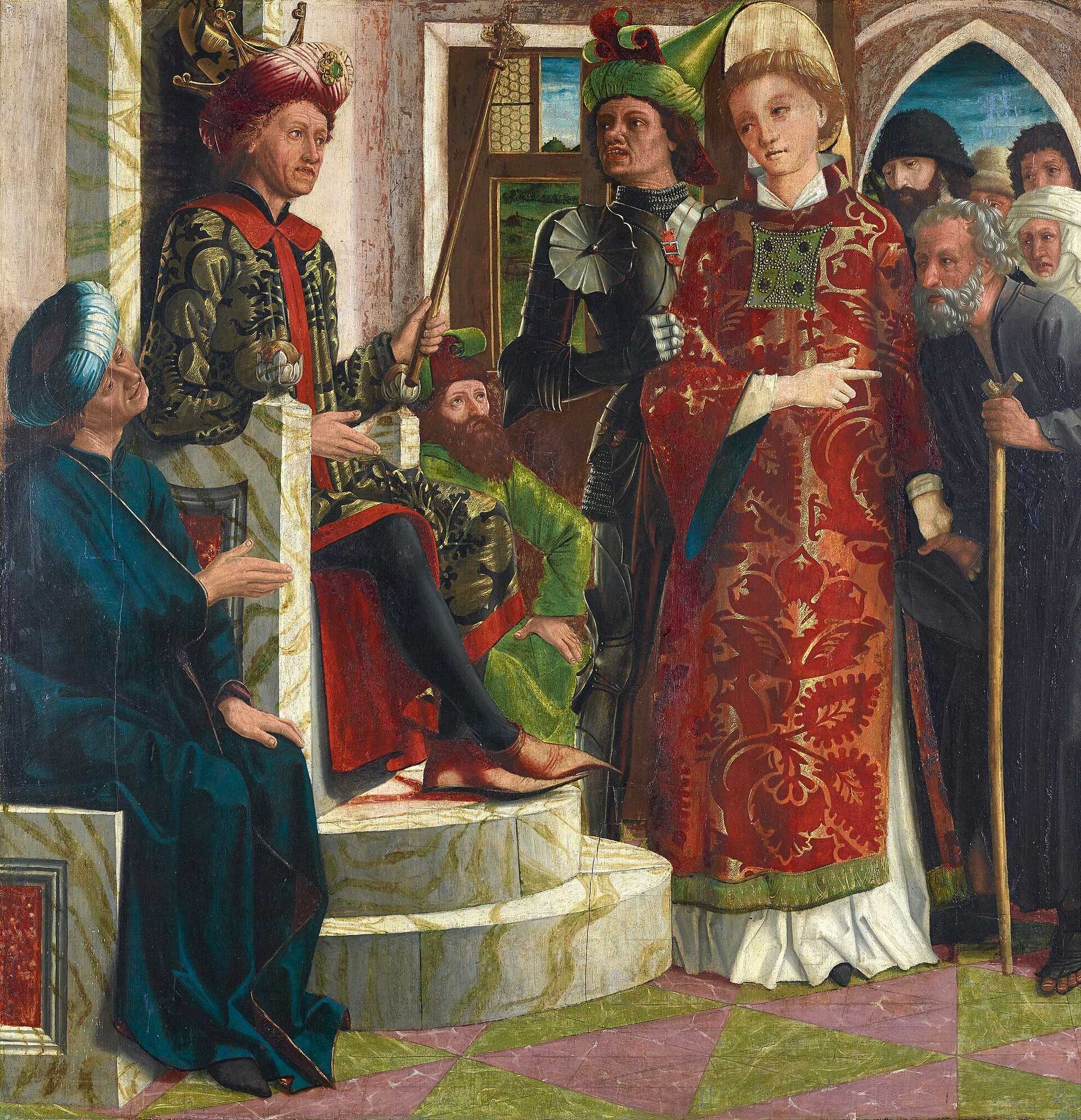 A painting by Michael Pacher, depicting St. Laurentius (commonly known as St. Lawrence) with Emperor Decius, showing him that the real treasure of the church are the poor