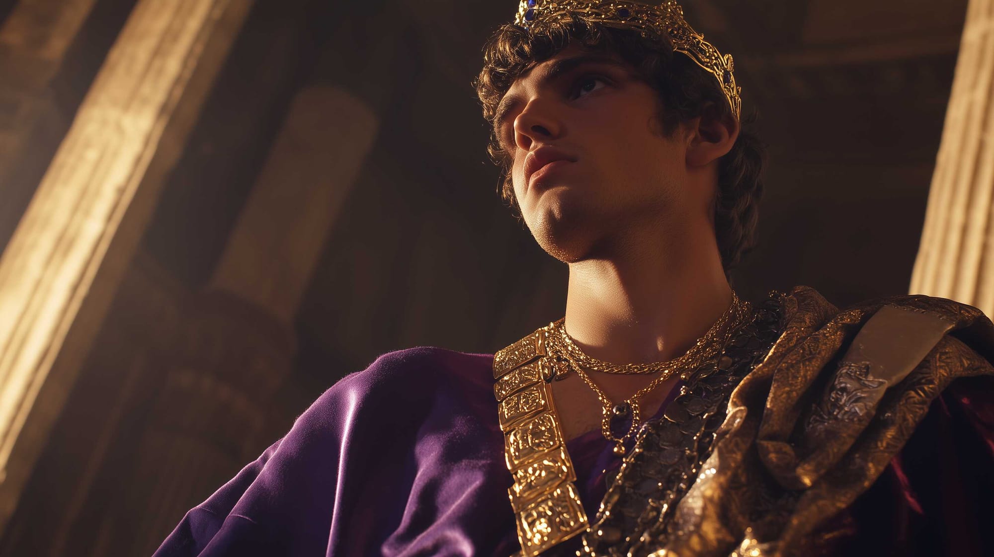 A possible representation of Roman Emperor Elagabalus, wearing purple silk and adorning gold details, jewellery and a gold tiara