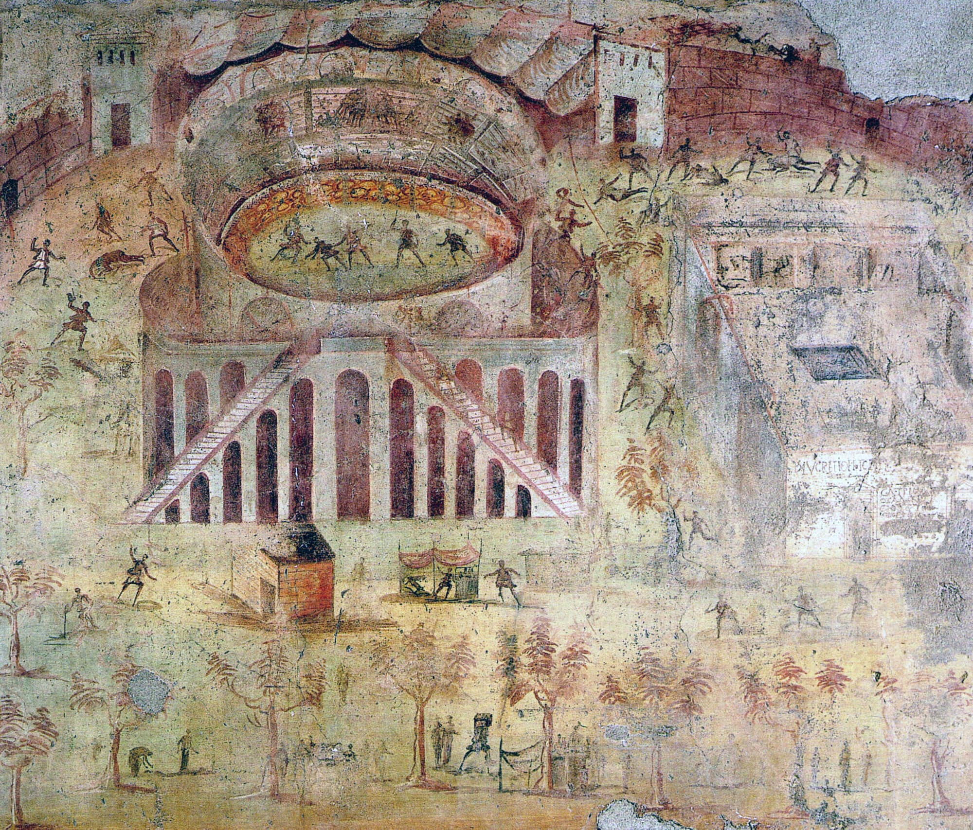 Battle between inhabitants of Pompeii and Nuceria in the Amphitheatre of Pompeii, the Roman fresko from Pompeii in the Museo Archeologico Nazionale