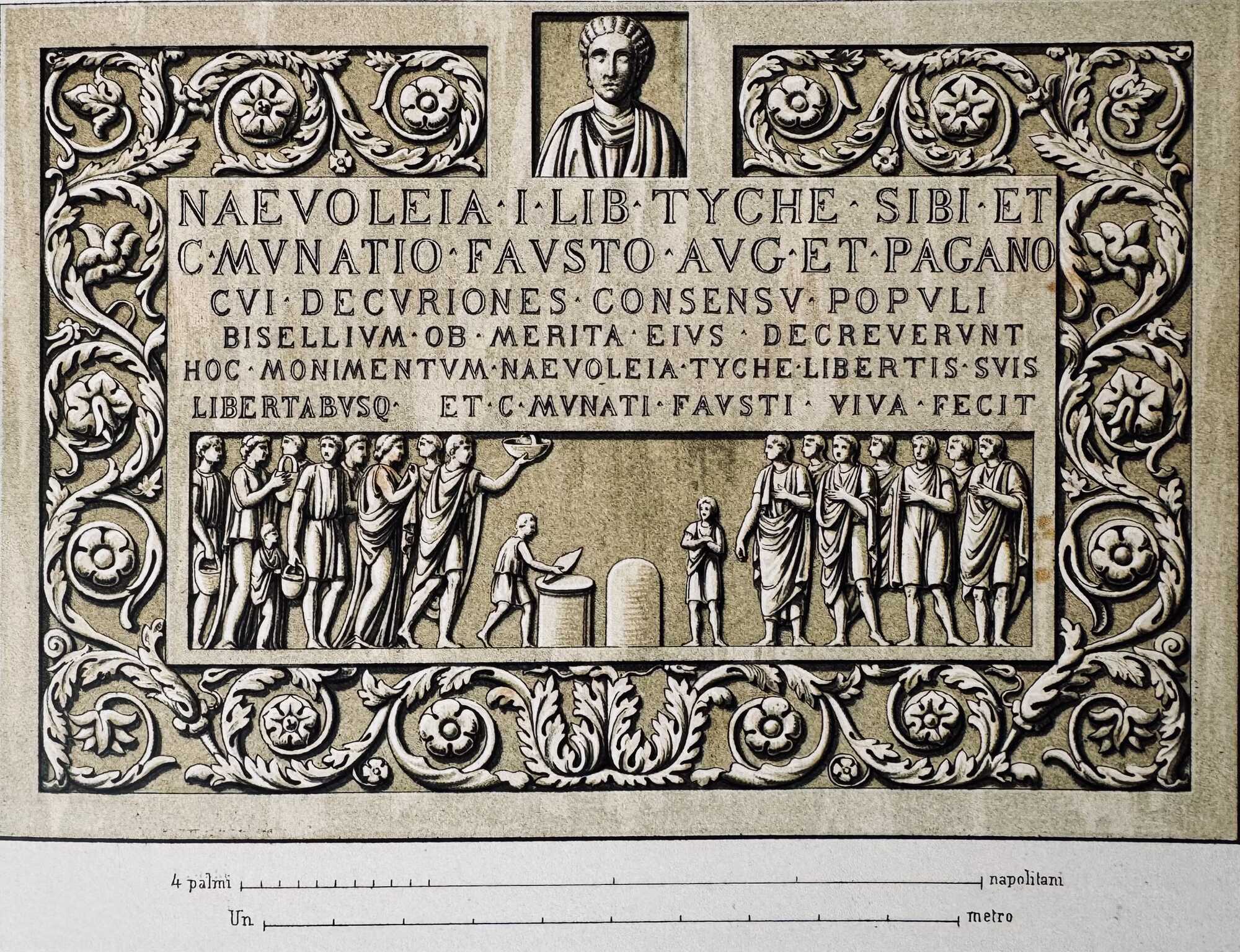 Front of a tomb altar, inscription with portrait of Naevoleia and representation of Munatius Faustus' public donation of grain