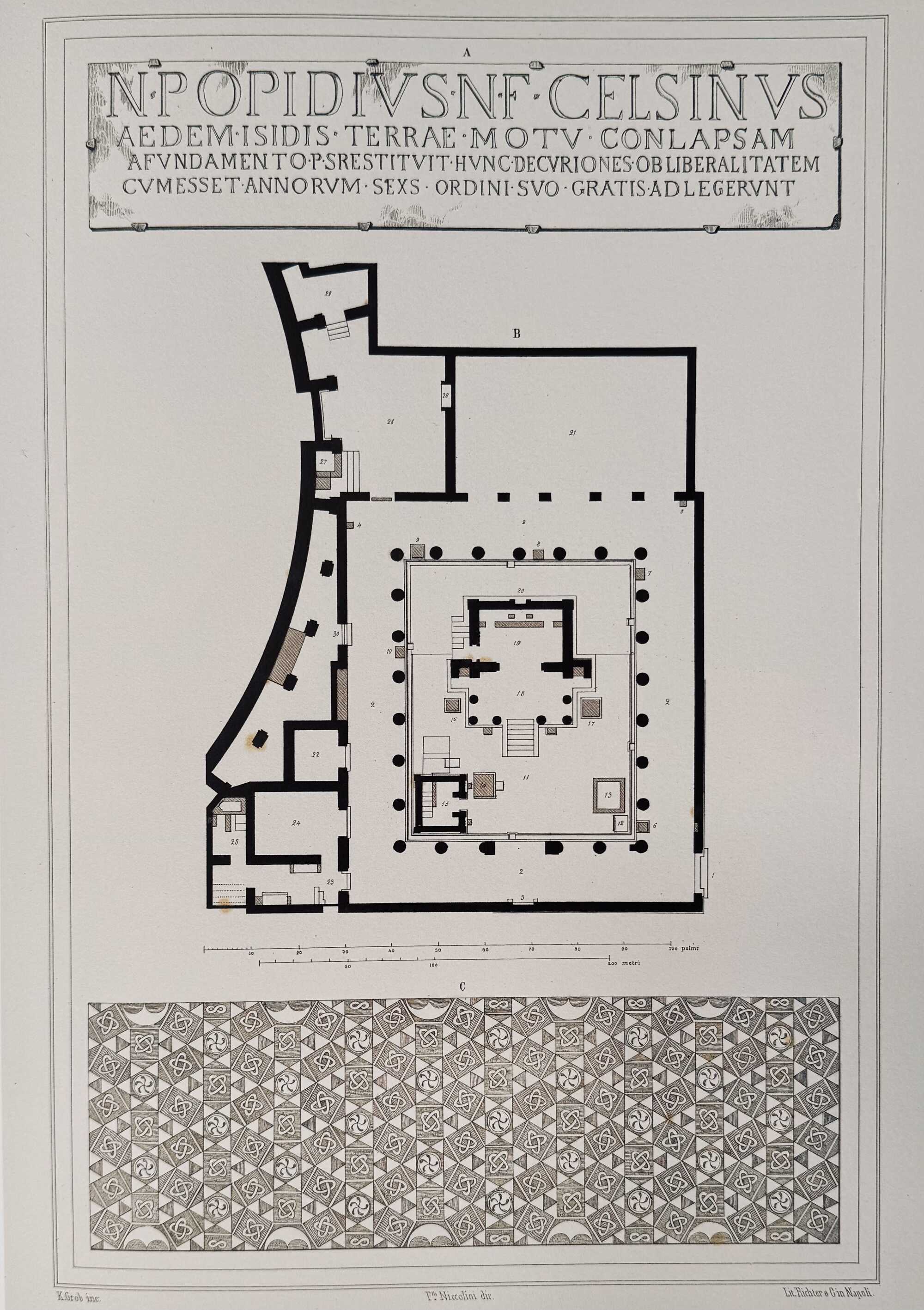 Inscription by the donor N. Popidius Celsinus, ground plan of the temple precinct, oriented towards the west, with the theatre on the left, and detail of the floor mosaic inside the temple