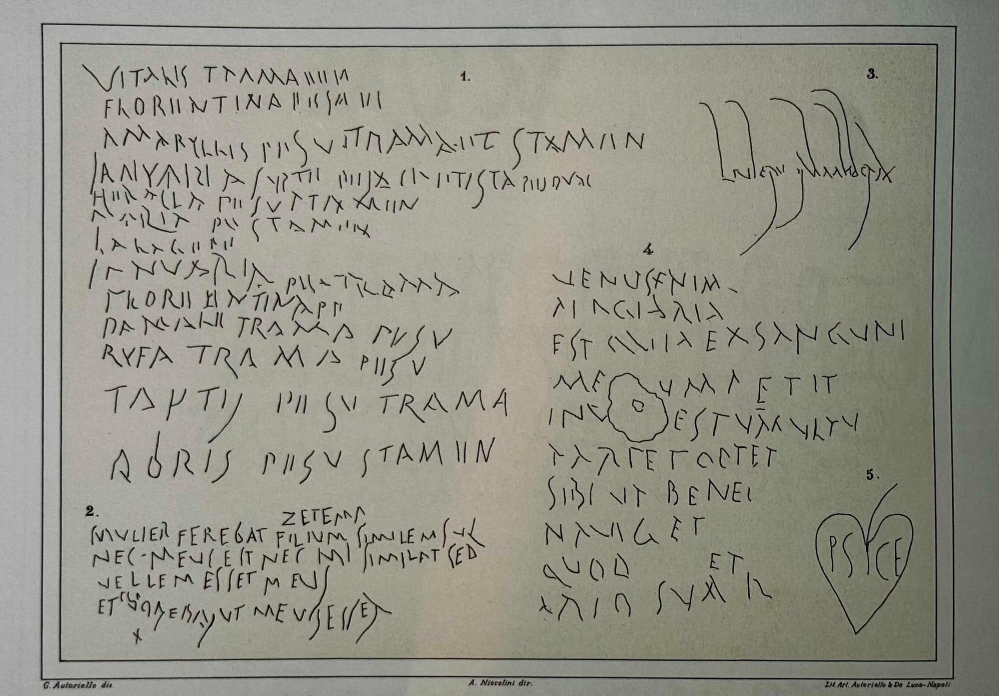 Various Roman graffiti - 1, Tally of work by female weavers, 2-4, Various aphorisms and brief narratives, 5, A Psych)e in a heart