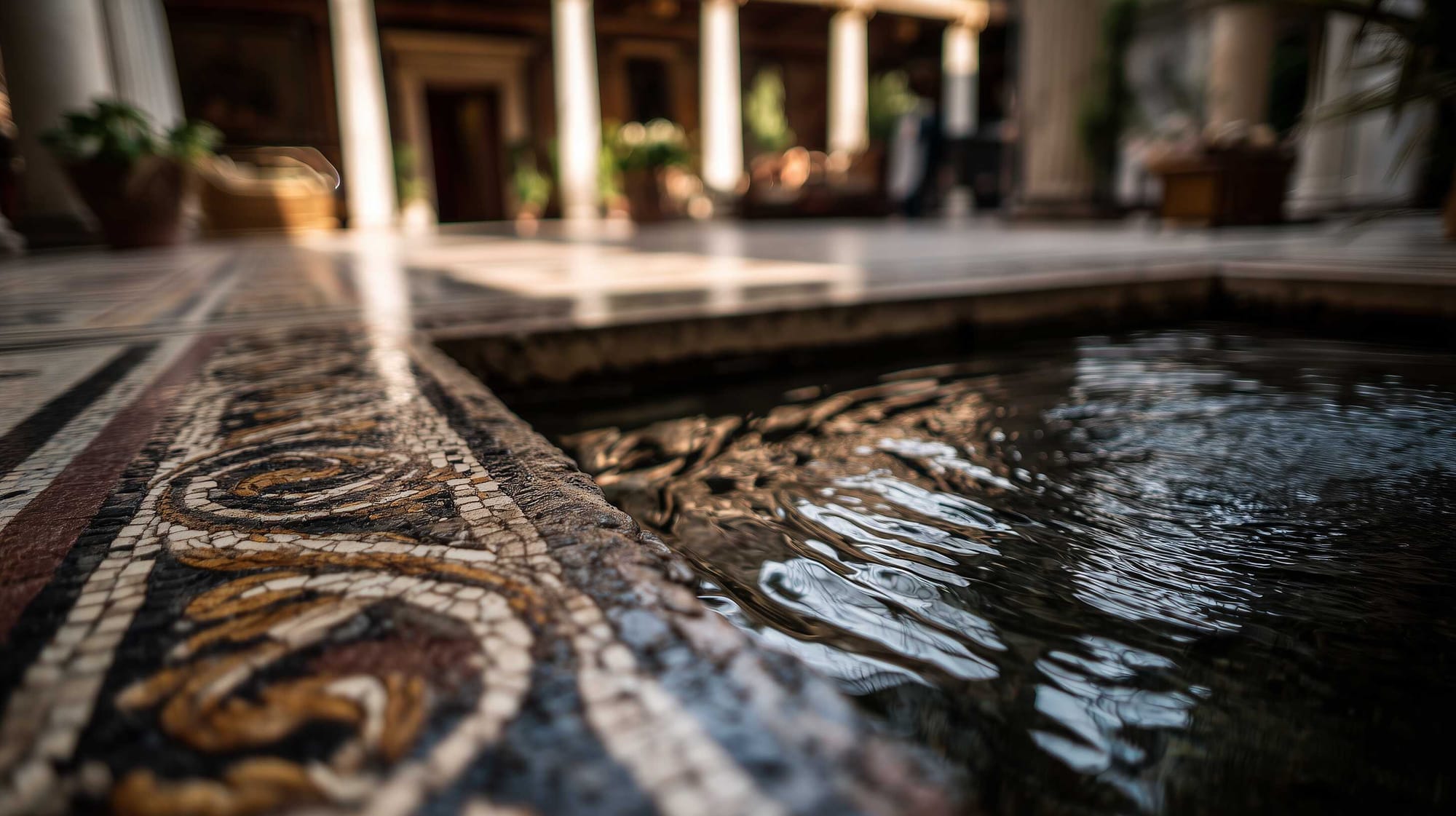 A possible representation of a marble Impluvium in the Atrium of a Roman villa, surrounded by beautiful floor mosaics
