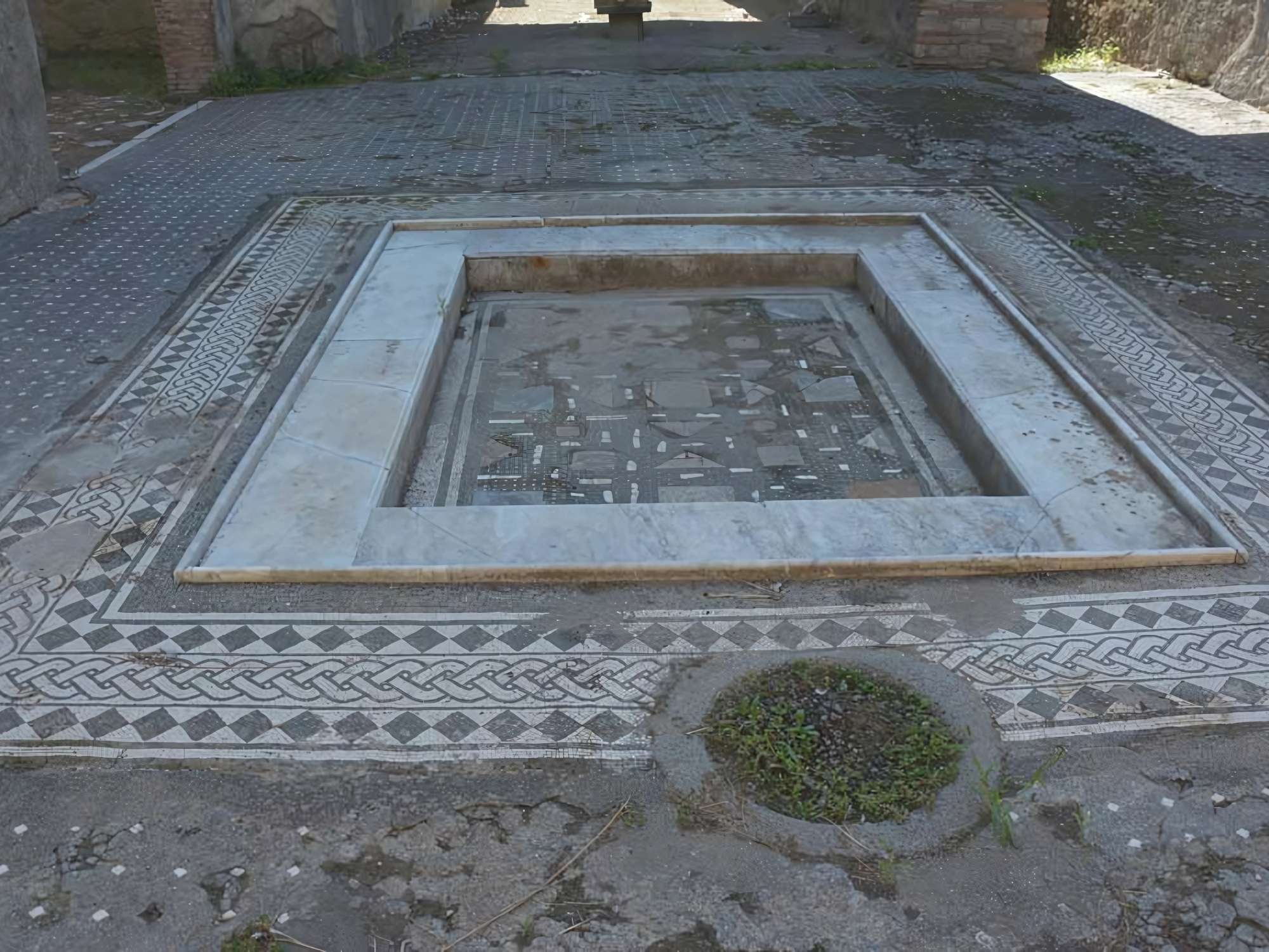 Pompeii. October 2019.&nbsp;Room 2, looking south across beautiful mosaic and marble impluvium in the atrium.