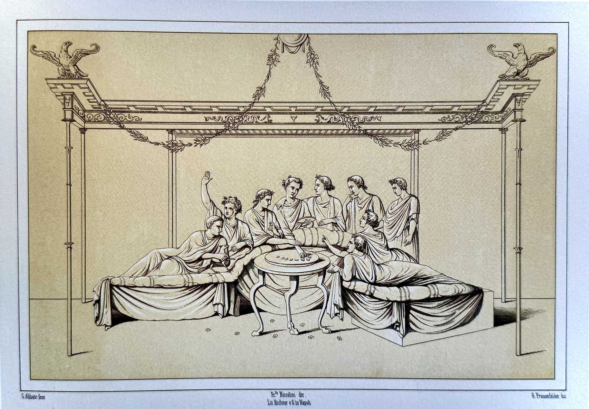 Wall painting of a dining scene with guests, set inside a pavilion - The mural was found in 1844 in a tavern on the south side of the Via di Nola but was afterwards destroyed.