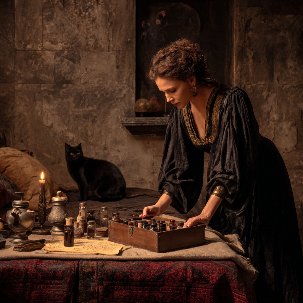 A possible representation of a noble Roman woman, checking in secrecy her stash of poisons for every case.