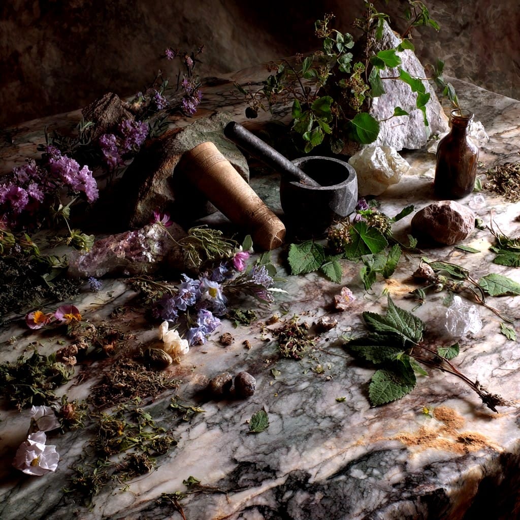 A possible representation of a table with plants like belladonna alkaloids, e.g. henbane, datura, deadly nightshade and mandrake; aconite from monk's hood; hemlock, hellebore, colchicum (from autumn crocus), yew extract and opium. All used to create poisons. 