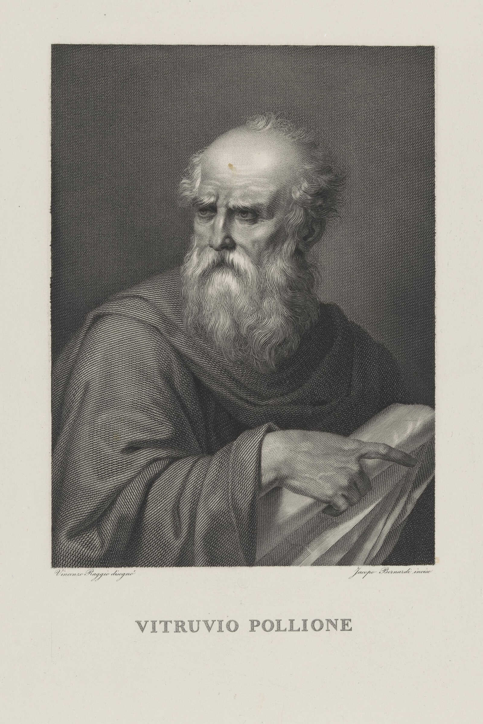 An engraving of Vitruvius by Jacopo Bernardi (engraver) and Vincenzo Raggio (painter)