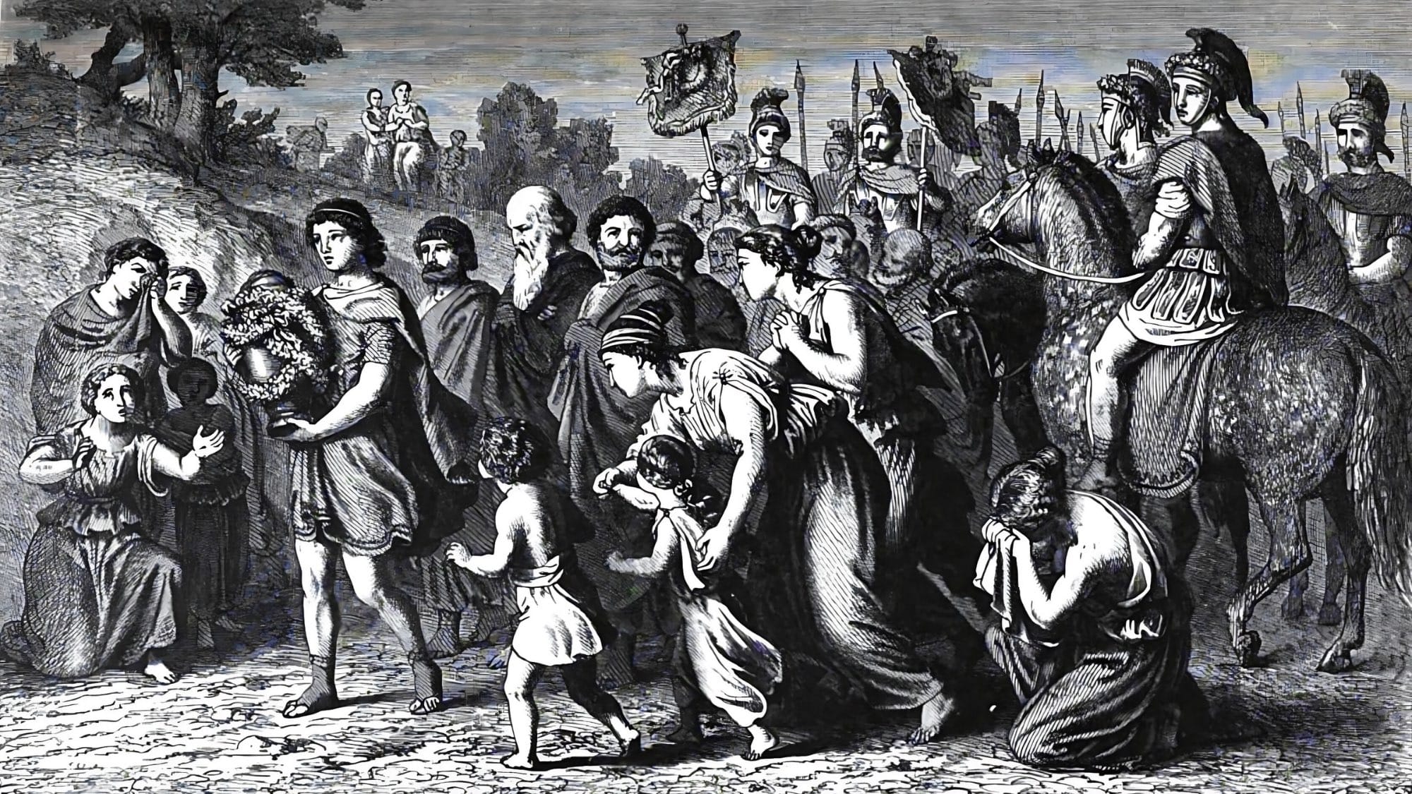 An engraving showcasing Polybius as he carries Philopoemen's ashes to Megalopolis