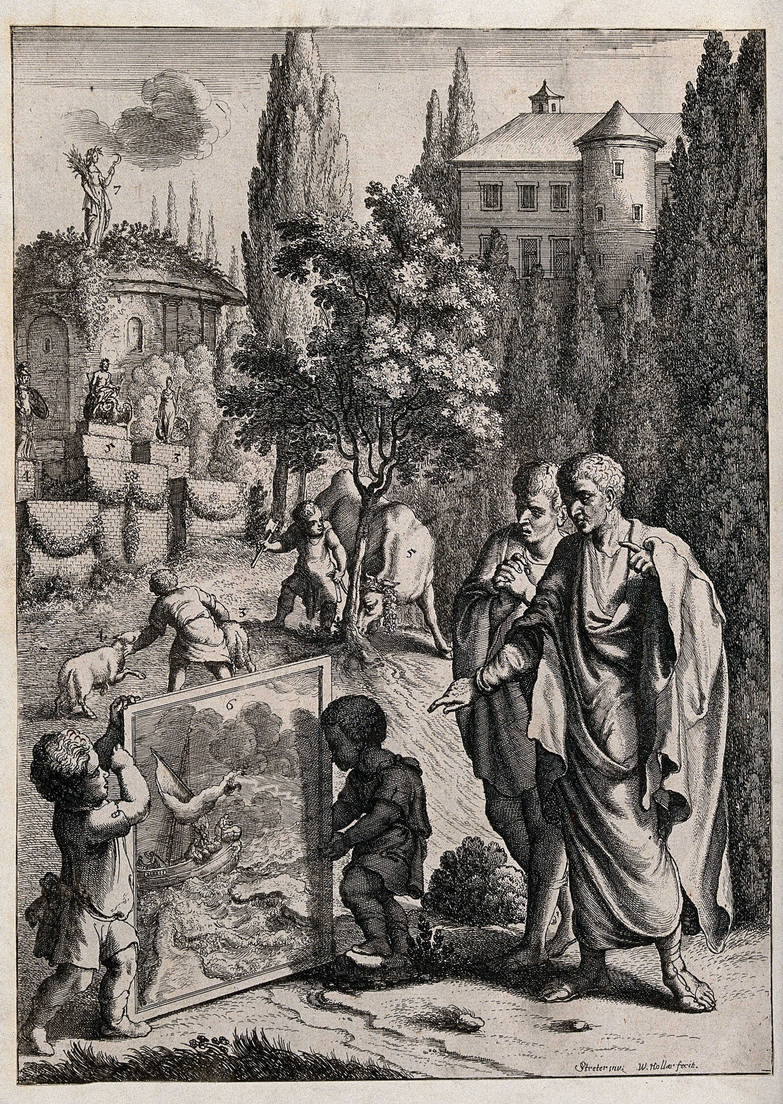 An illustration by Wenceslas Hollar based on Juvenal’s works, in thanks for the escape of their mutual friend Catullus from a shipwreck, Juvenal shows to Corvinus a votive painting depicting Catullus's survival