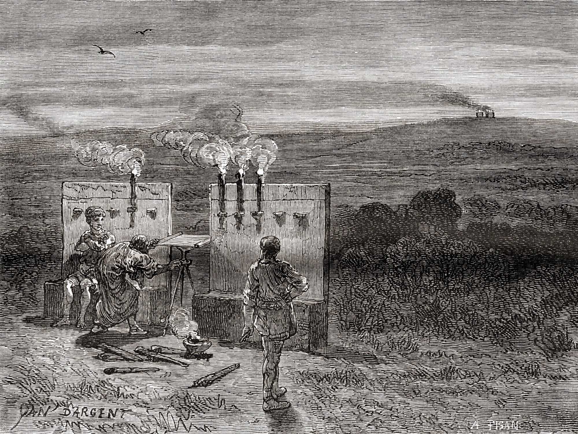 An illustration of the Pirseia system used in Ancient Greece to transmit messages, a system widely described by Polybius in volume II, book tenth of Histories