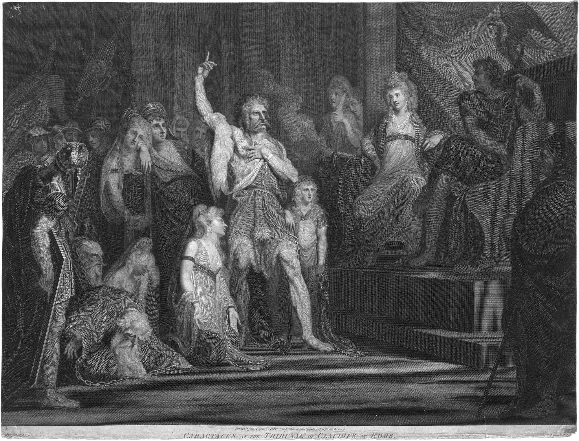 Caractacus at the Tribunal of Claudius at Rome, engraving by Andrew Birrell of a painting by Henry Fuseli