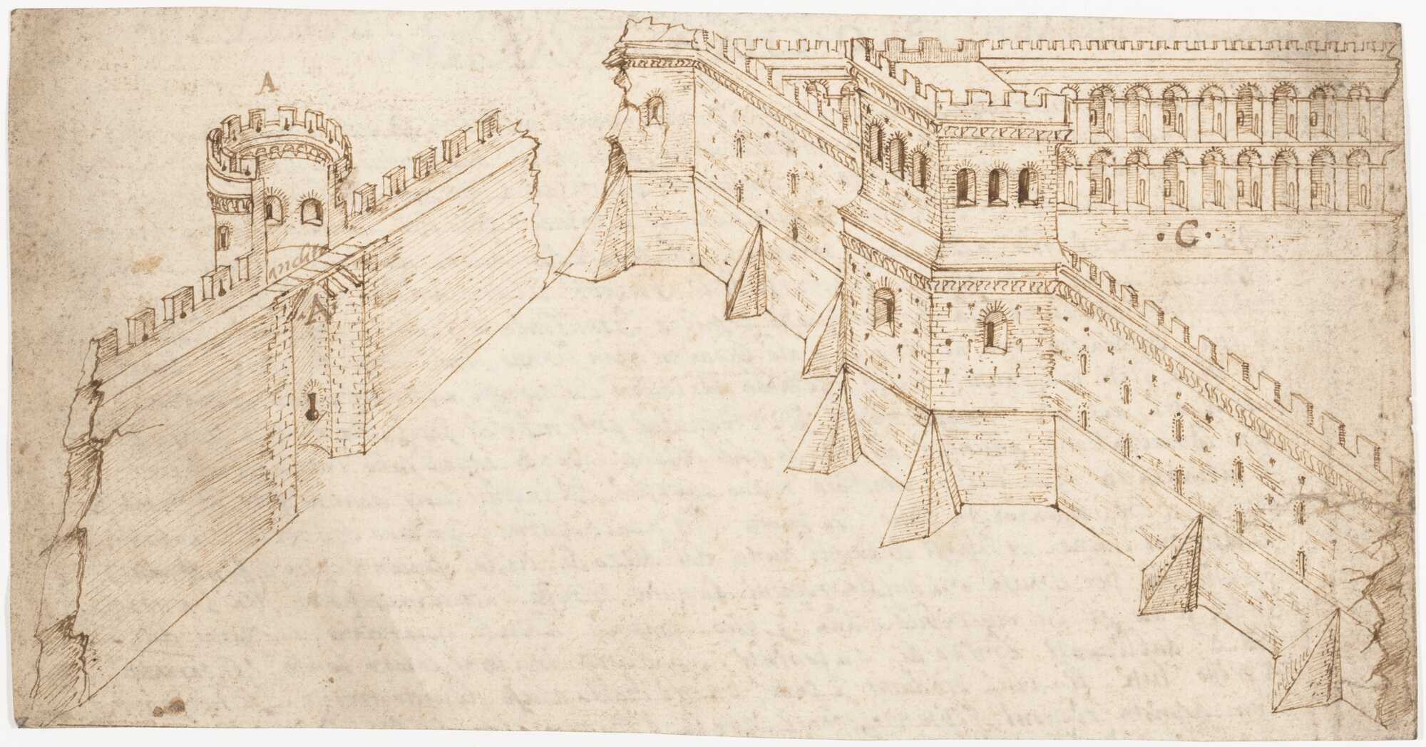 Drawing by a Renaissance military architect showing city and port fortifications, linked to early printed editions of Vitruvius, created for a planned Italian edition of Ten Books on Architecture